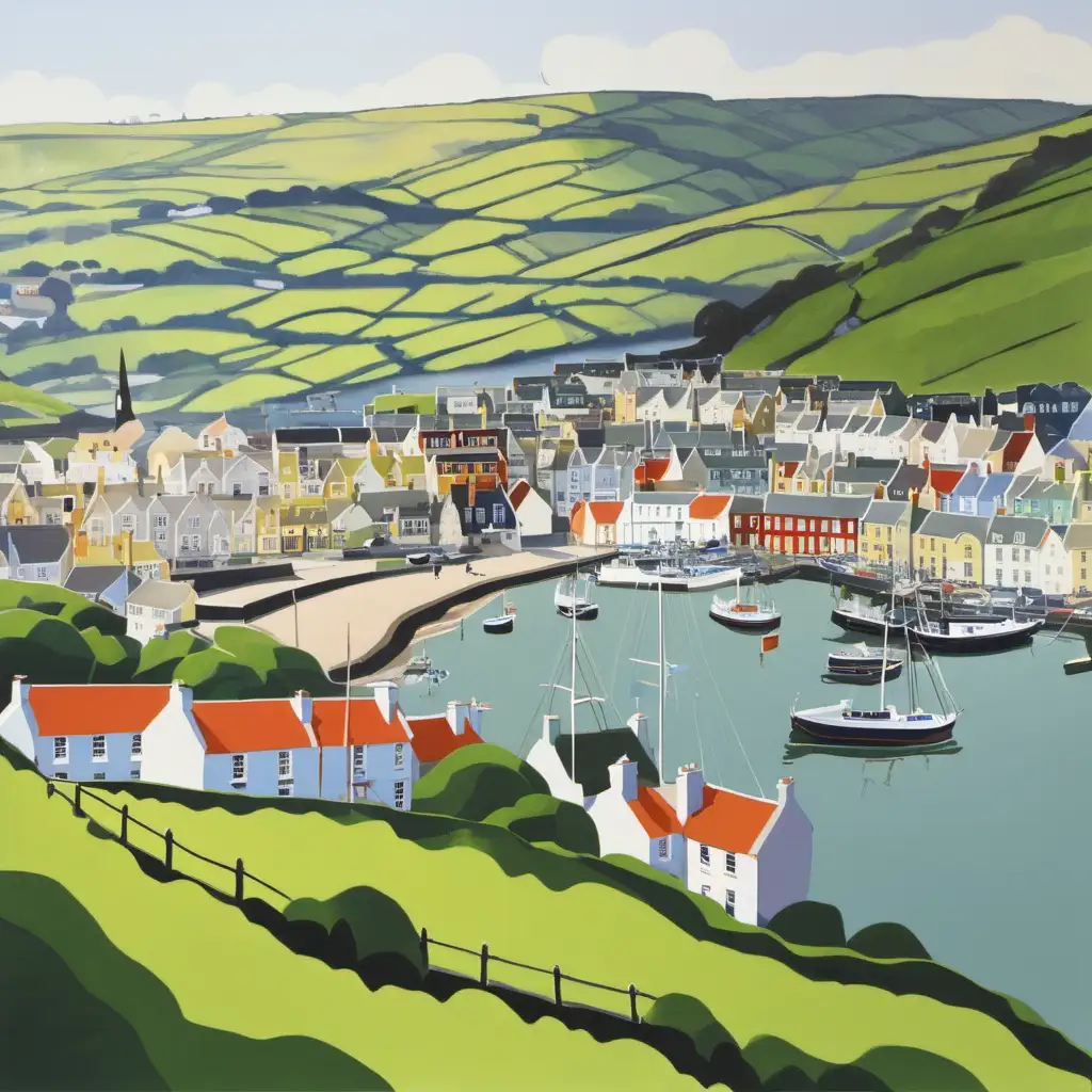 Gouache painting of a british harbor town, with green hills in the background