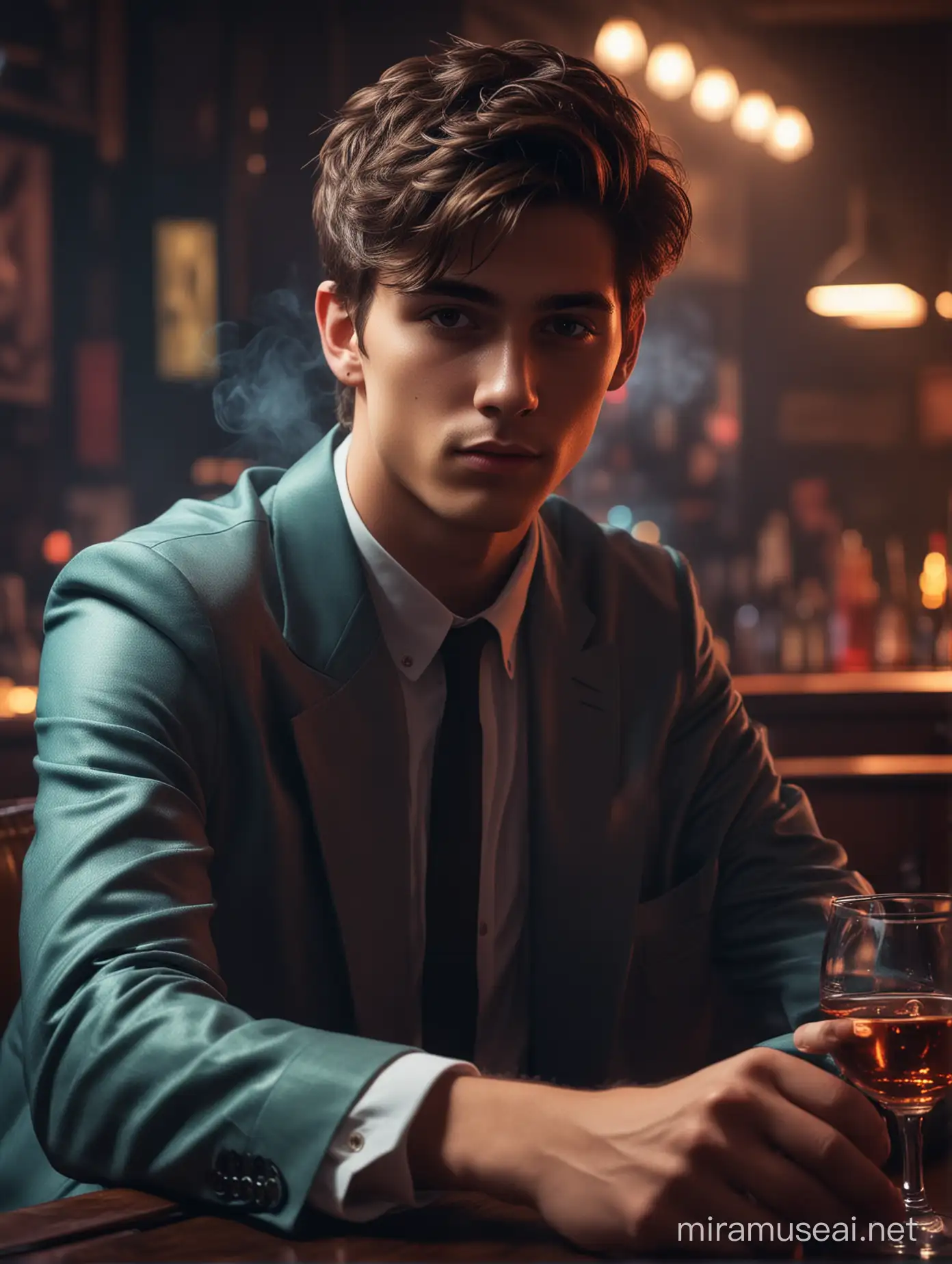 a handsome boy , 18 years old, oval face, sitting in a night club,talking on his botl alcohol,dark and moody lighting,vibrant colors,blurry background,realistic textures,high-resolution,ultra-detailed features,stylish outfit,hair styled with precision,intense gaze,cool demeanor,fashionable club setting,modern interior design,luxurious atmosphere,sleek furniture,shadows and highlights,perfectly captured expressions,artistic composition,professional photography,lively ambience,high contrast,glowing neon lights,subtle smoke effects.