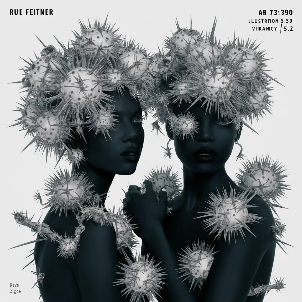 by rue feitner, mashups using silhouettes of women wearing floral pieces, in the style of cellular formations, bryce 3d, sharp/prickly, light black and white, marine biology-inspired, full body, photoillustration --ar 73:90 --s 750 --v 5. 2 --style raw