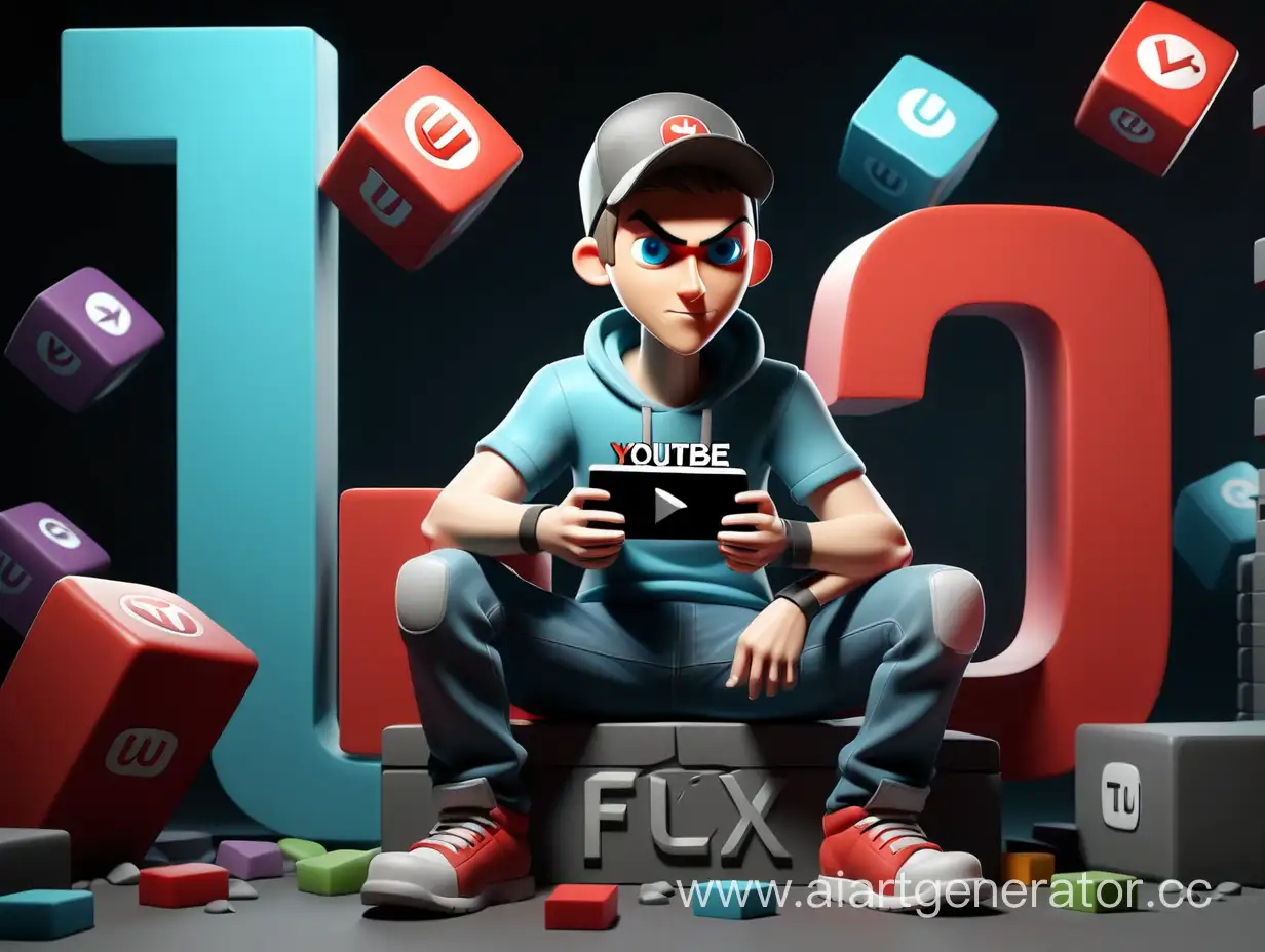 Gamer-Holding-Flux-Sign-on-YouTube-3D-Background