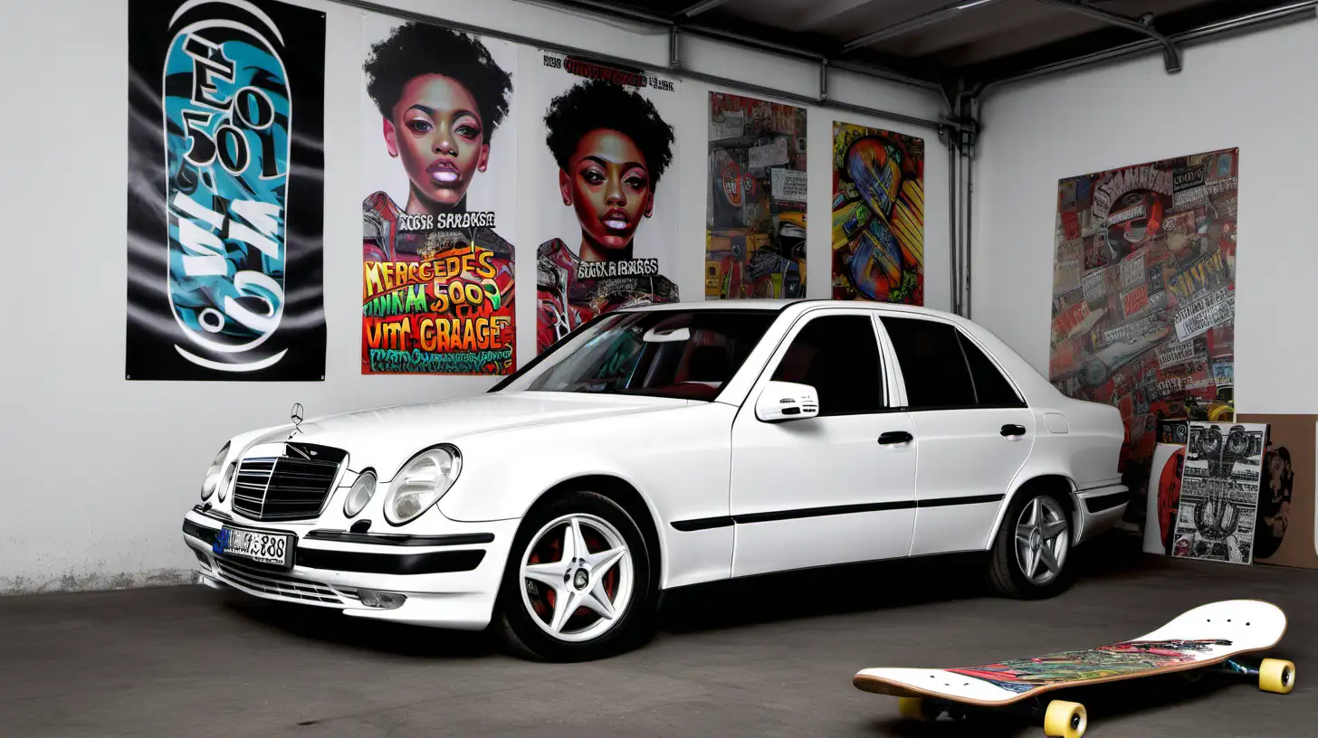 mercedes e500 in a garage with graphic design posters and skateboards