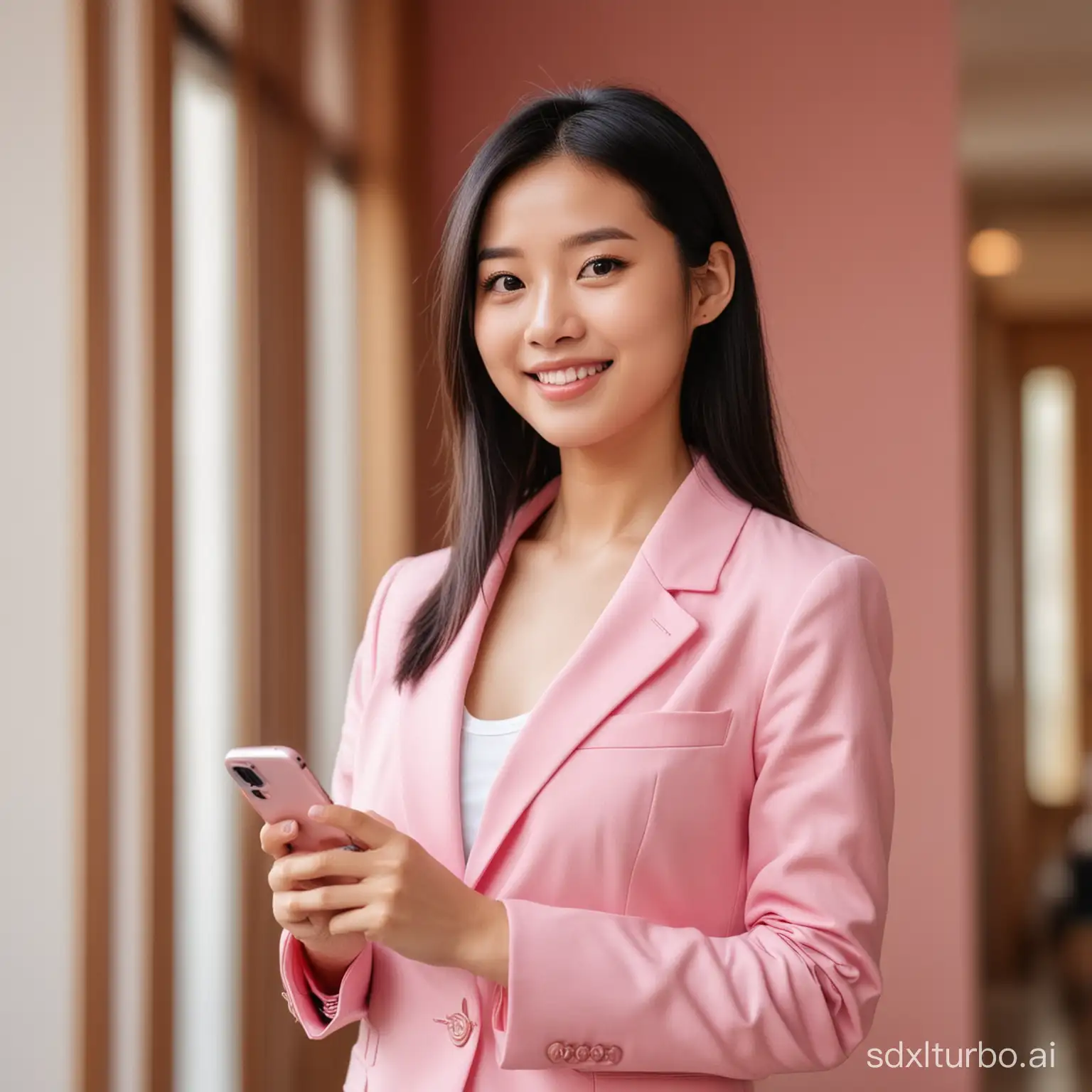 seorang wanita chinese berambut lurus sebahu, baju blazer pink, sedang memegang handphone warna pink ke arah kiri, arah pandangan ke depan sambil tersenyum, di sebelah kanan nya pemandangan di dalam rumah yang terang, foto nyata HD