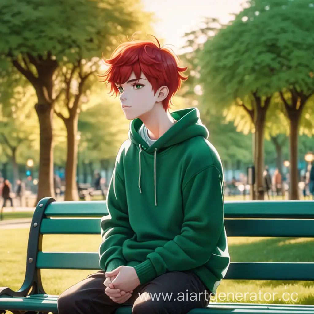Рыжий подросток, парень в зелёном свитере, сидит в парке на скамейке и слушает музыку, аниме, 2b, 4k, очень красивый свет, эстетика покоя. 