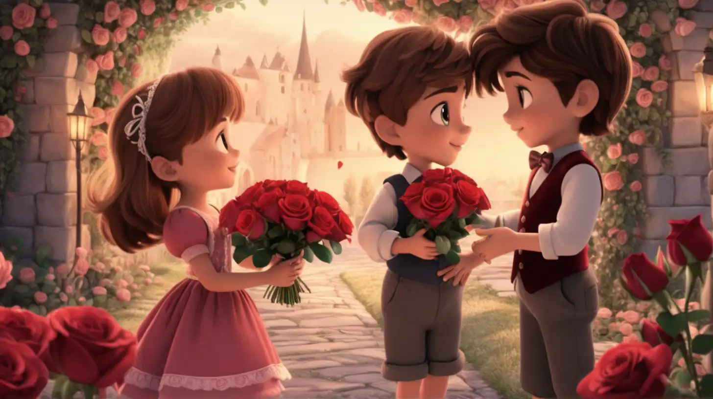 An enchanting animation of the boy and girl in a romantic setting, with the boy offering a bouquet of roses.