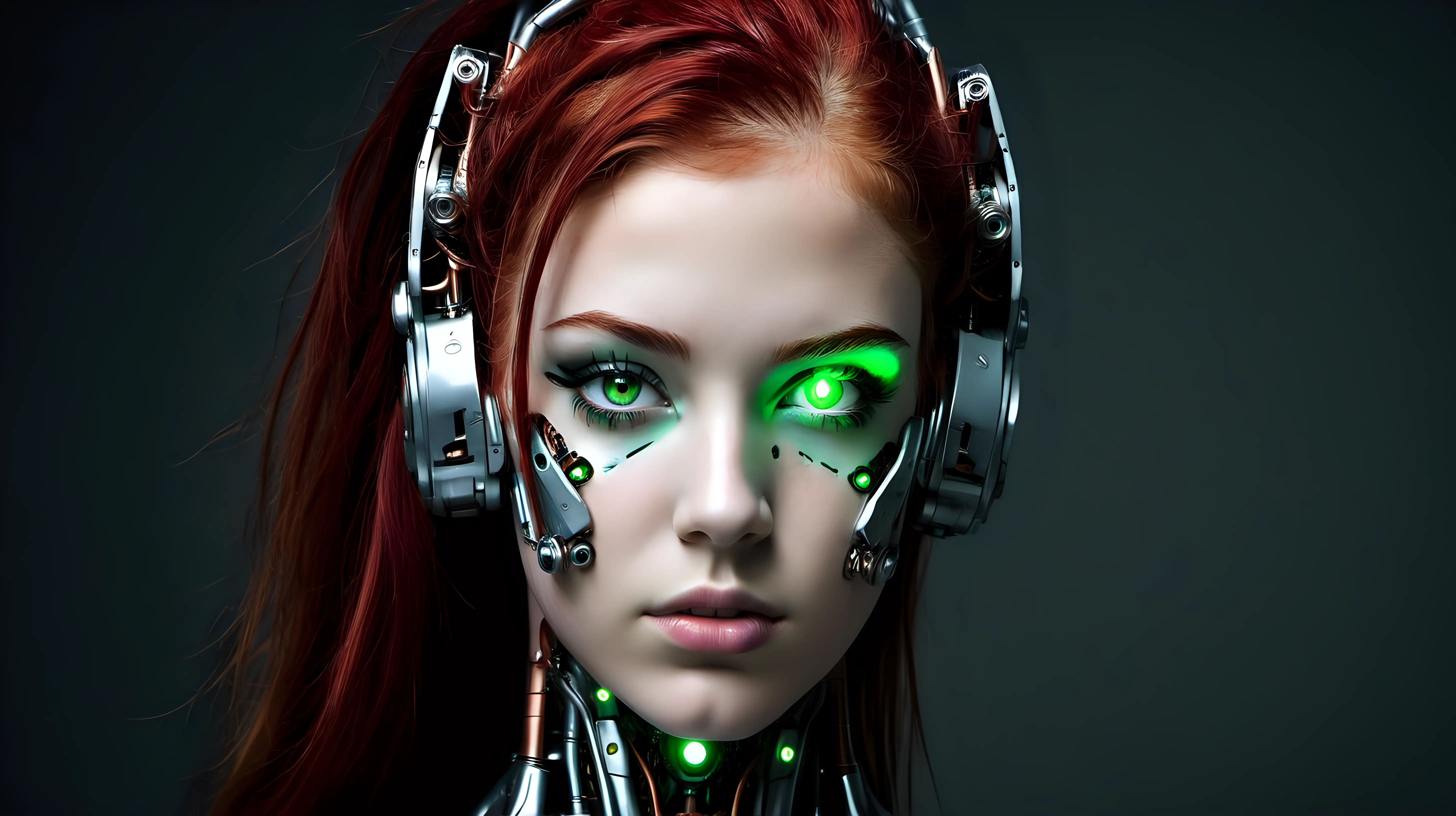 Cyborg woman, 18 years old. She has a cyborg face, but she is extremely beautiful. She has red  hair and green eyes. She is drop-dead gorgeous. Her ears are beautiful.