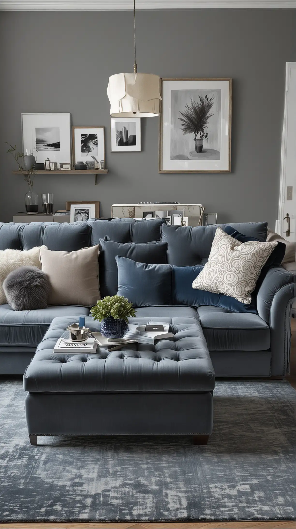 Sophisticated Blue Velvet Sofa and Gray Walls Living Room Design