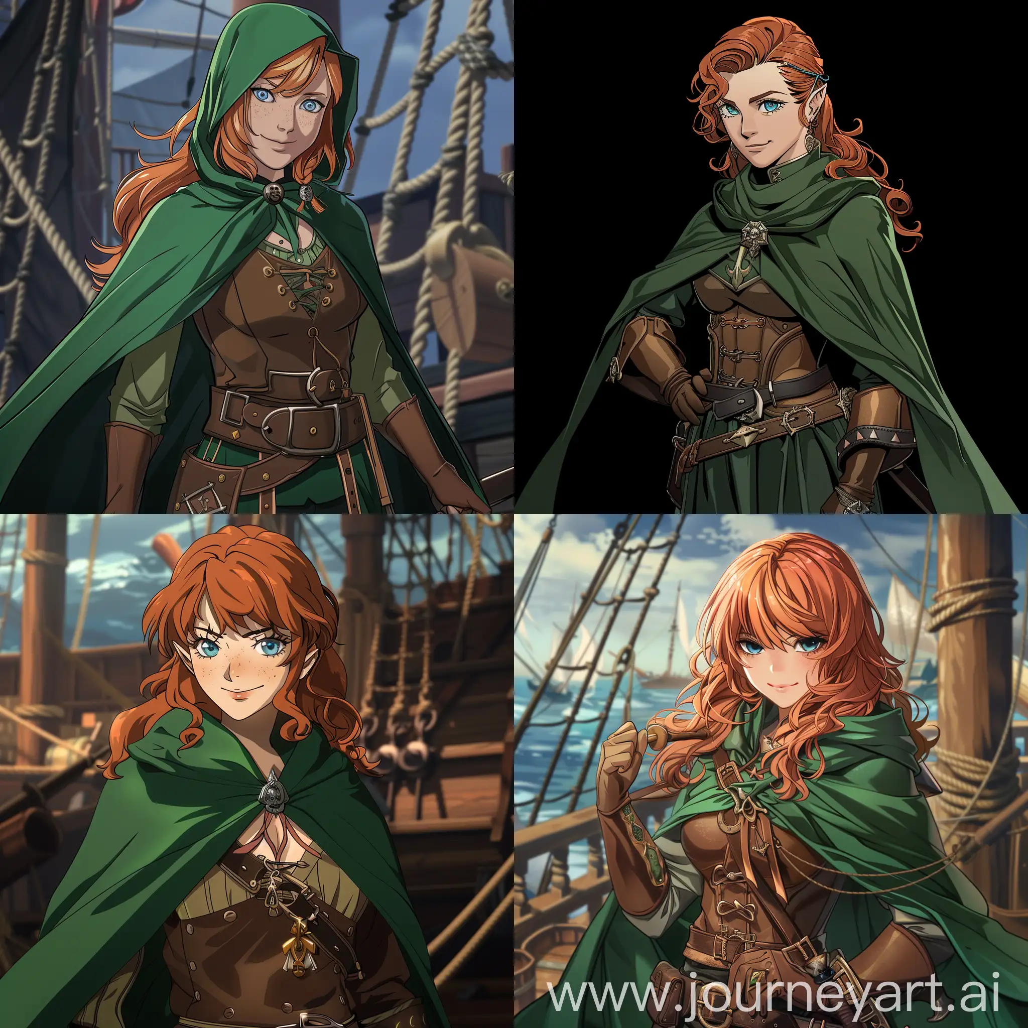 2D anime graphics, the Pirate Queen Grace O'Malley. Clad in a green cloak and leather armor, she exudes a regal aura. Her copper hair and piercing blue eyes reflect a life of naval conquest. With a cutlass at her side, she greets Luvia with a knowing smile, ready to join forces in the Holy Grail War.
