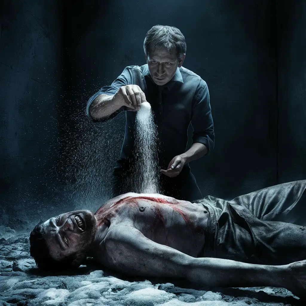 Caring for Wounds Man Sprinkles Salt on Another in Detailed Scene