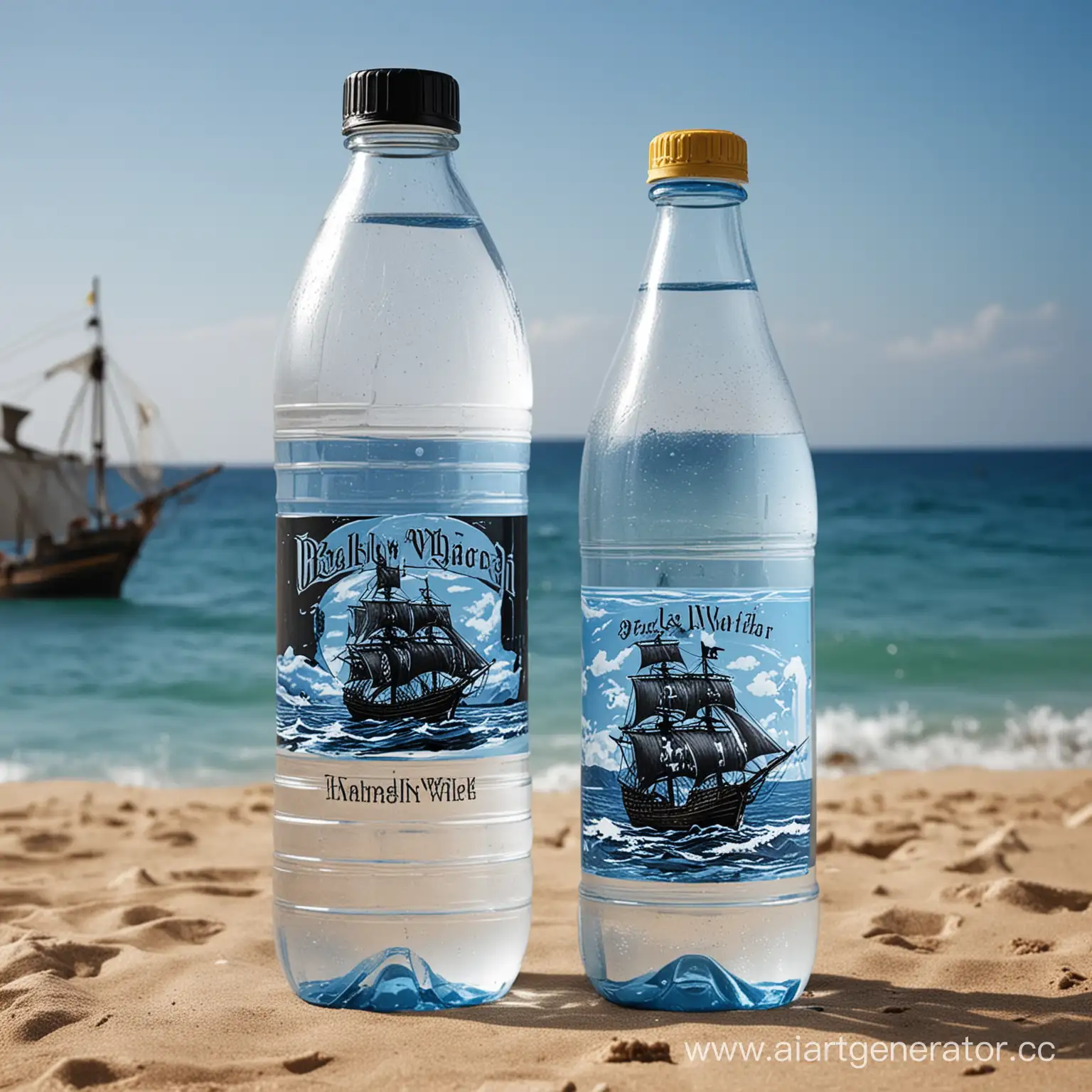 нарисуй изображение минеральная вода в пластиковой бутылке с названием черная вахта где на этикетке будет показано море и по нему идущий пиратский корабль фон синий