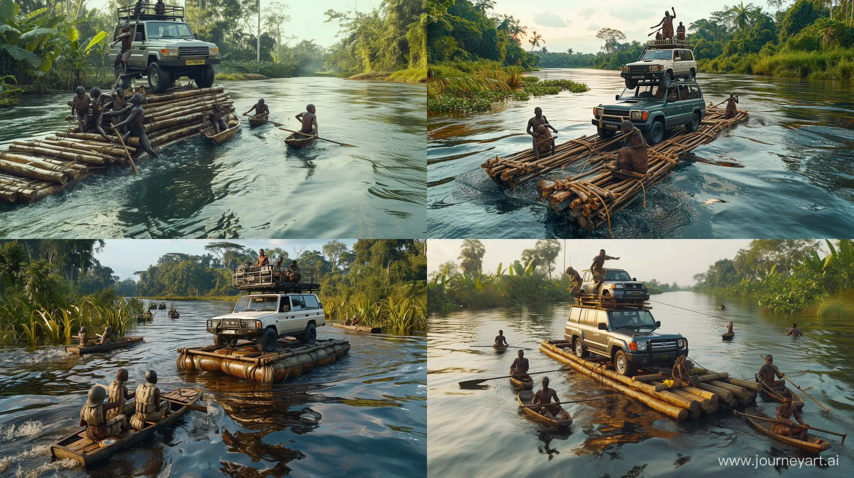 Determined-Bantu-ChildSoldiers-Pulling-Land-Cruiser-on-Raft-in-Tropical-River