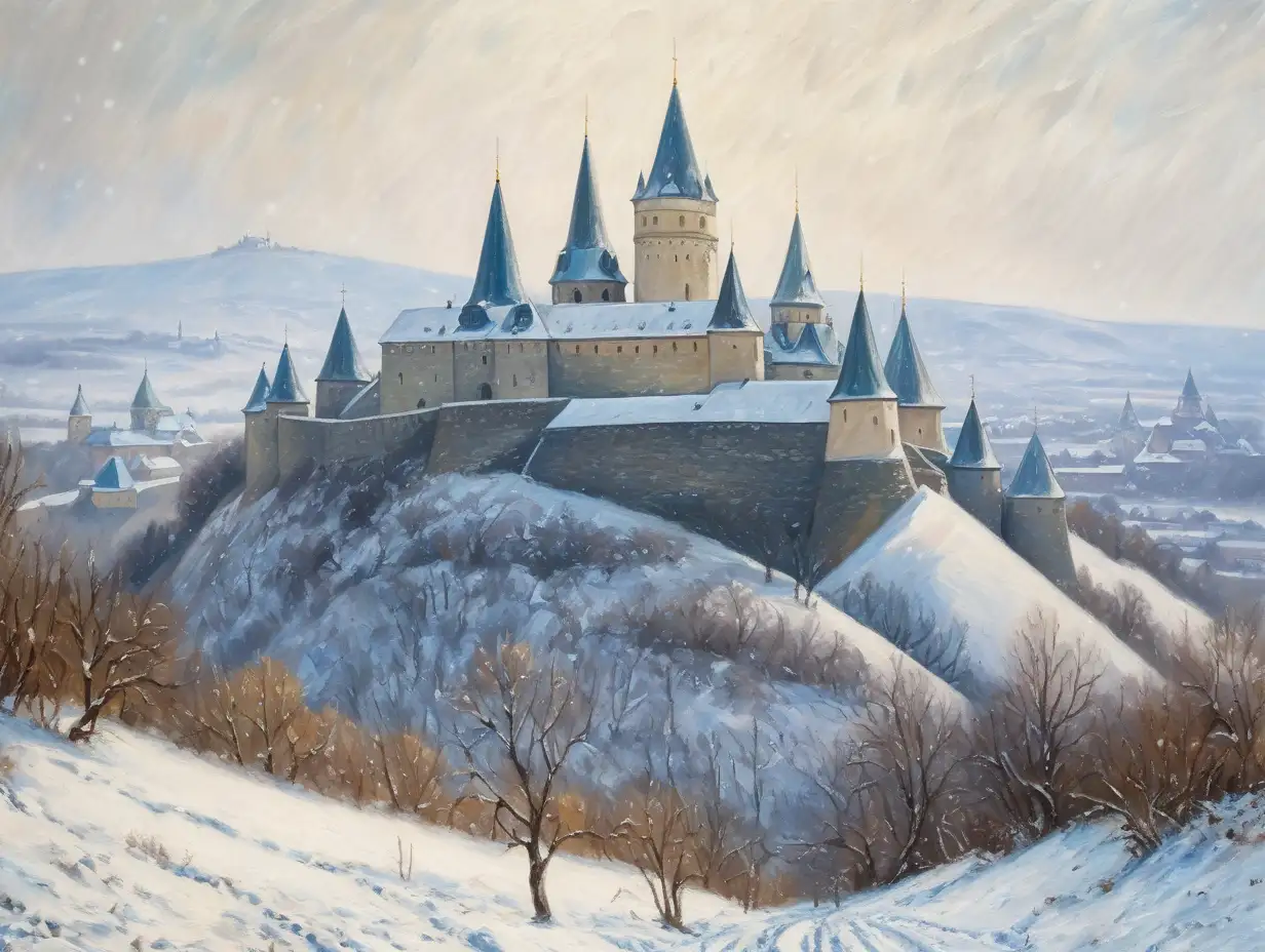 Kamianets-Podilskyi castle set in the mountains on a snowy day, monet inspired painting