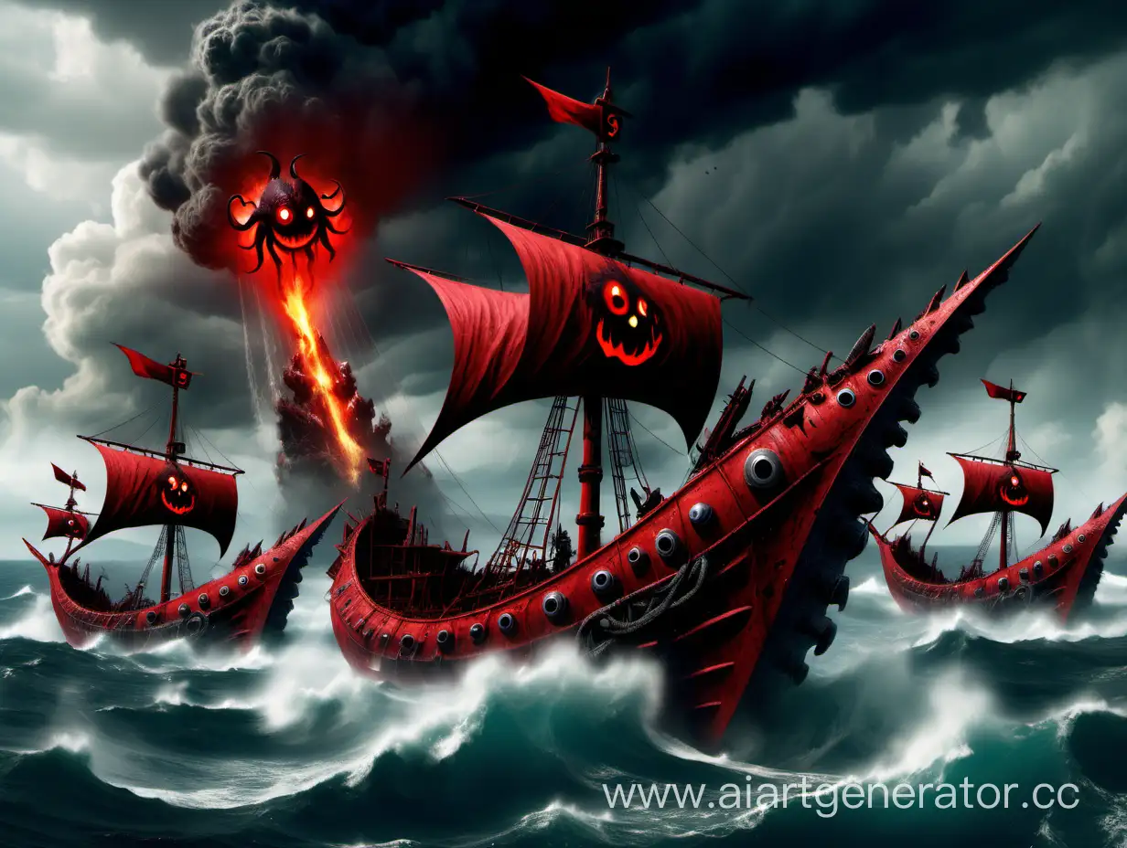 epic monster water battle with little ships in the sea, fire, clouds,thunder,wreckage and blood. no humans and the monsters can't be humanoid. the ships have red symbols on their sails and the monster has tentacles. the monster has big red and black nuclear sign eyes.