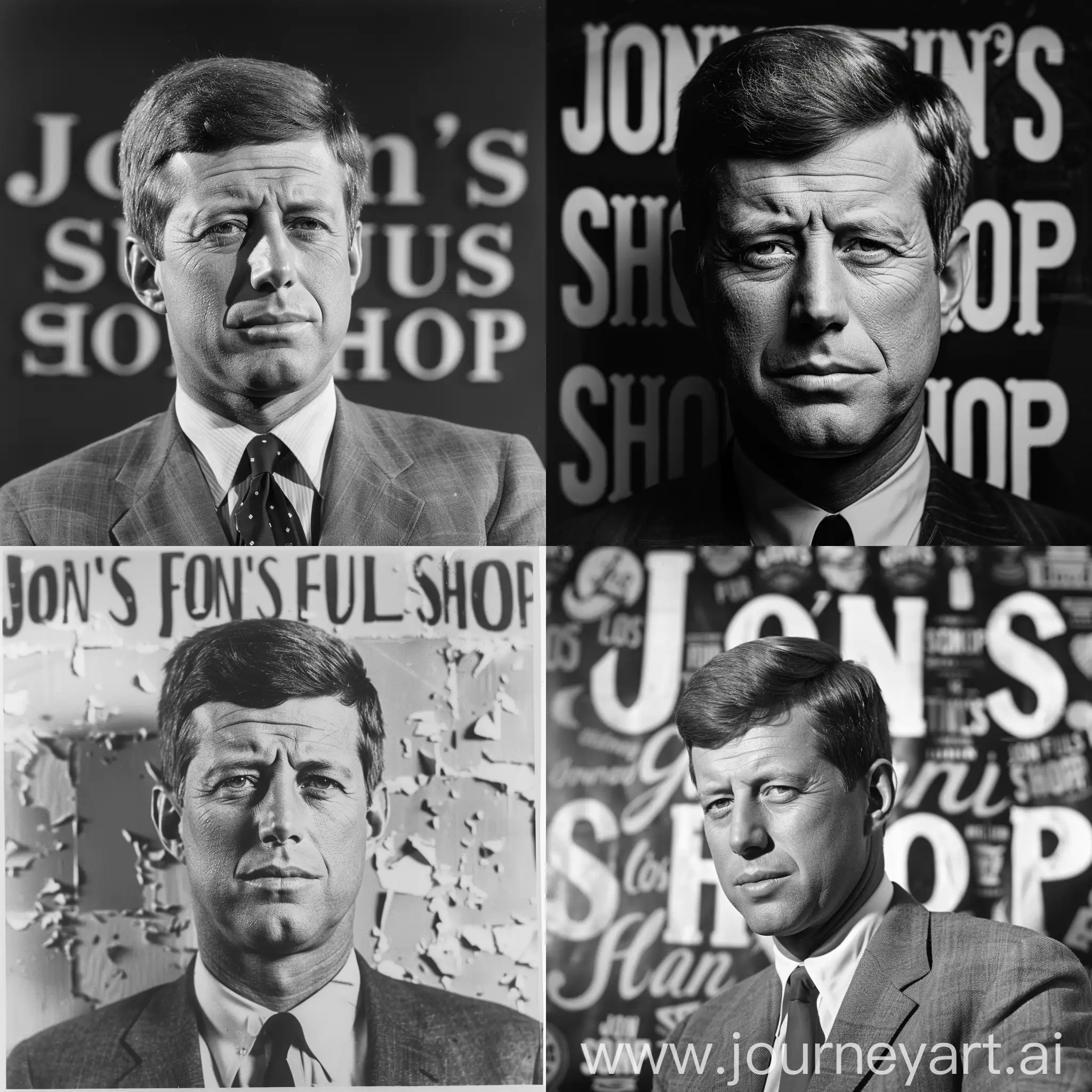 john kennedy picture black and white with text "John's Fulls Shop" in toxic pattern