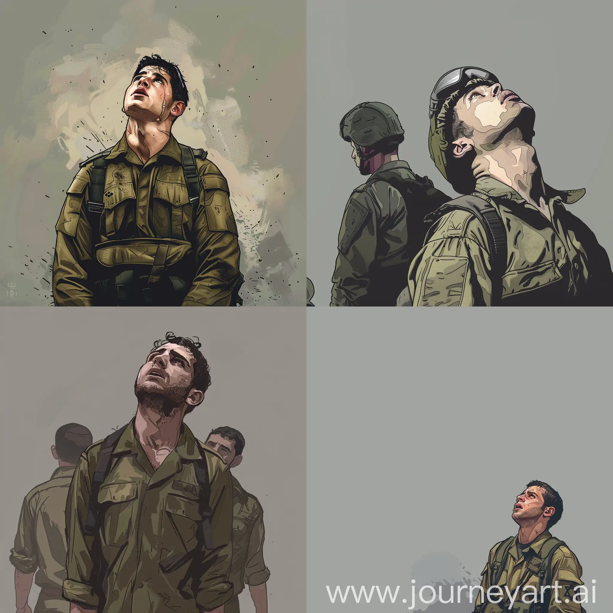 An Israeli soldier in the middle, from the corner of the eye. He looks up in fear. With his hands behind him. In the background is a gray background