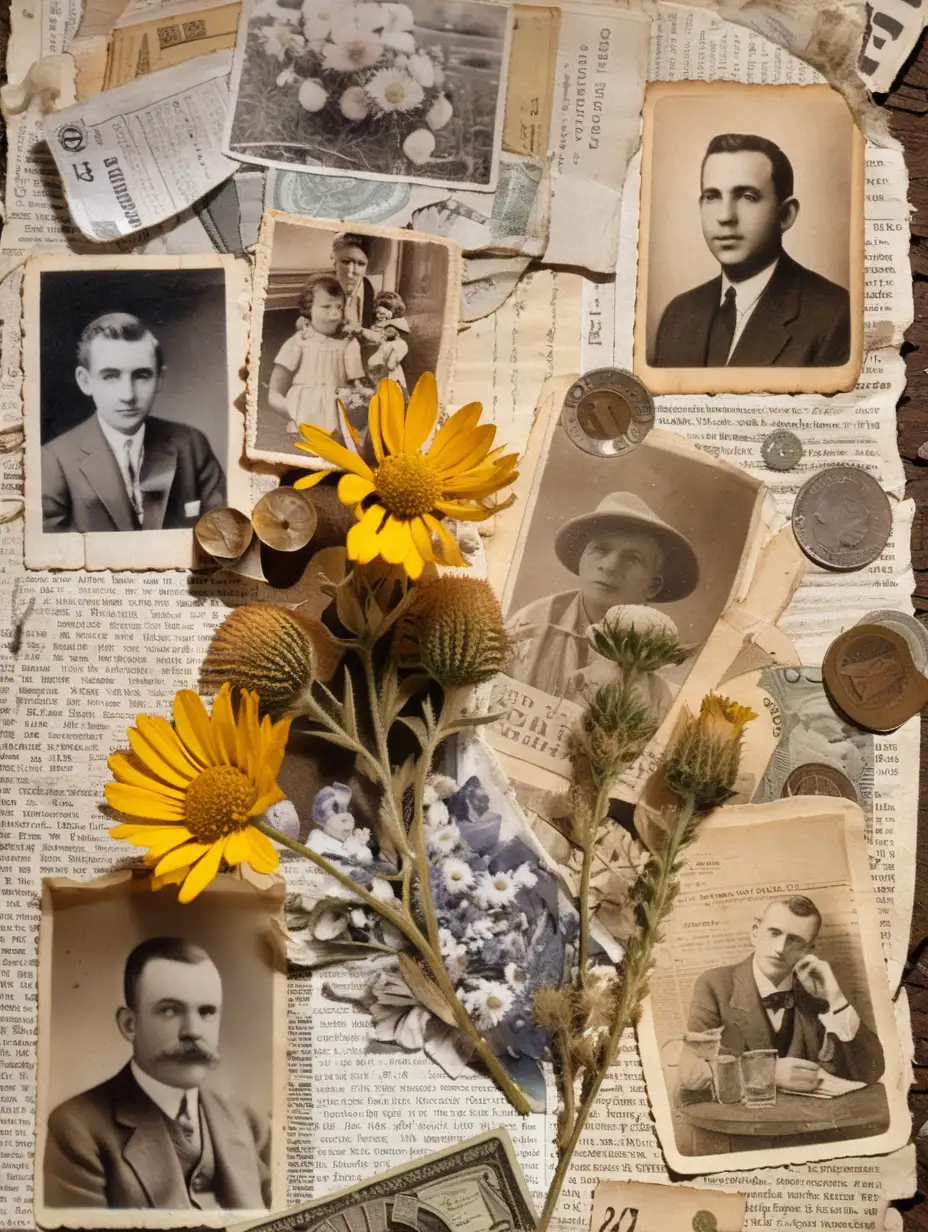 Collage with old fotos, dry flowers, newspaper clippings, paper money