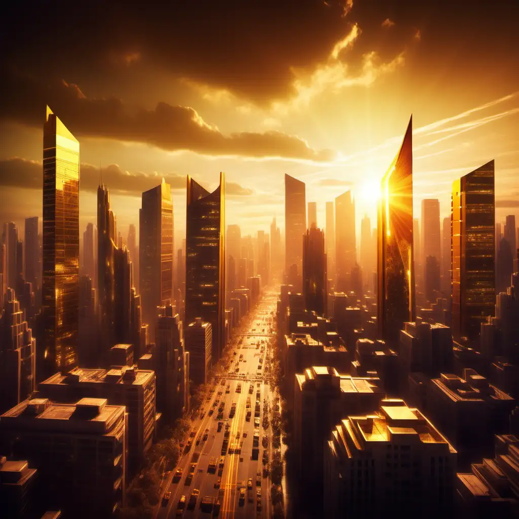 create an image of a cityscape with a sunset with gold light effects