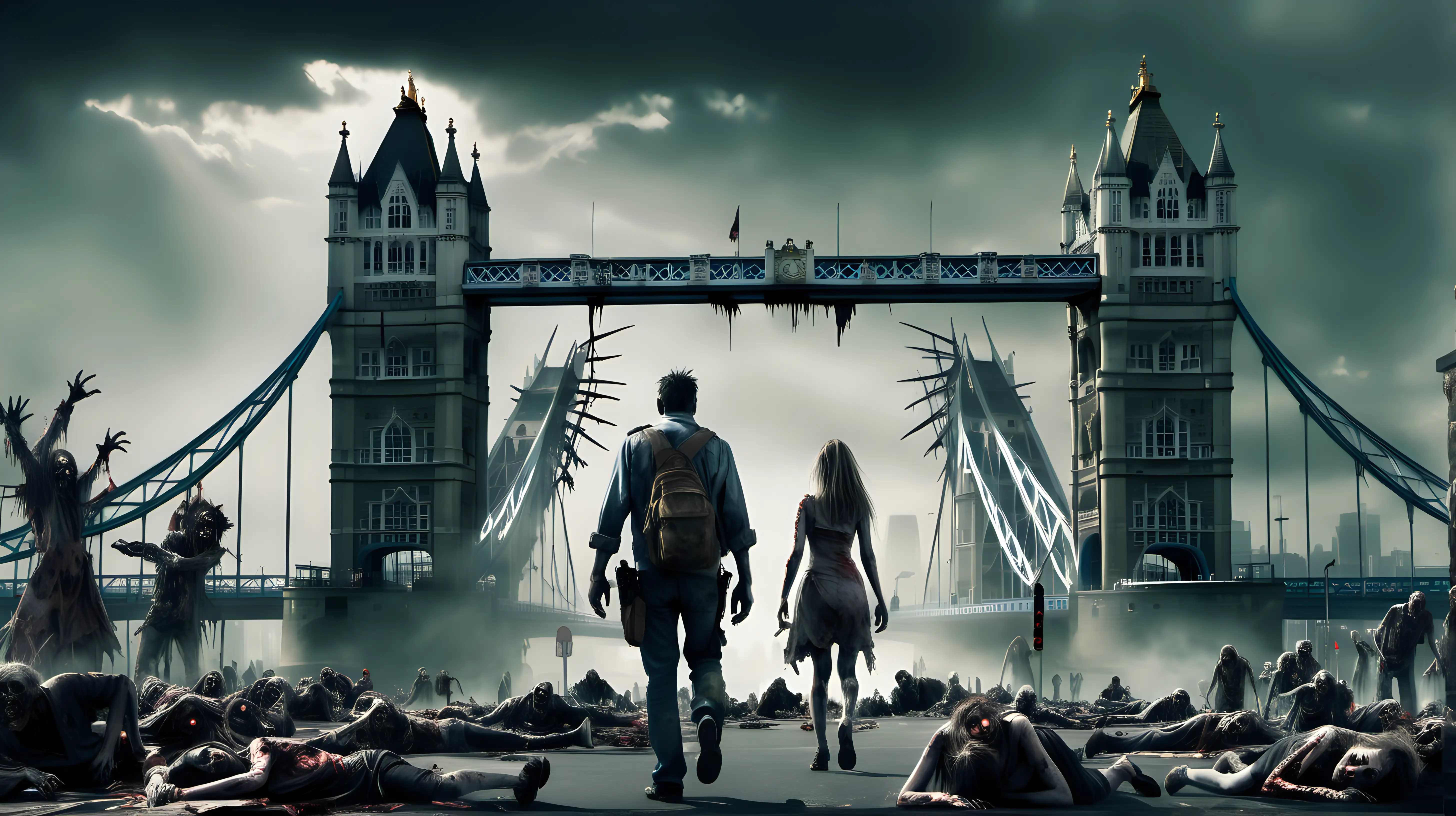 zombies, Tower Bridge in London from a distance, male and female zombies, post-apocalyptic landscape