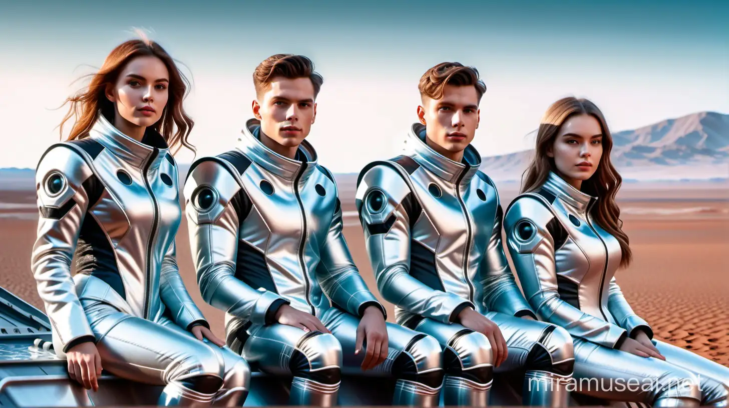 photo realistic, high quality, three young men, male and female, european faces, straight hair, wearing silver metallic jackets and pants, sitting on the sci-fi rover, background is surface of far planet with blu-white sky, beautiful color landscape.