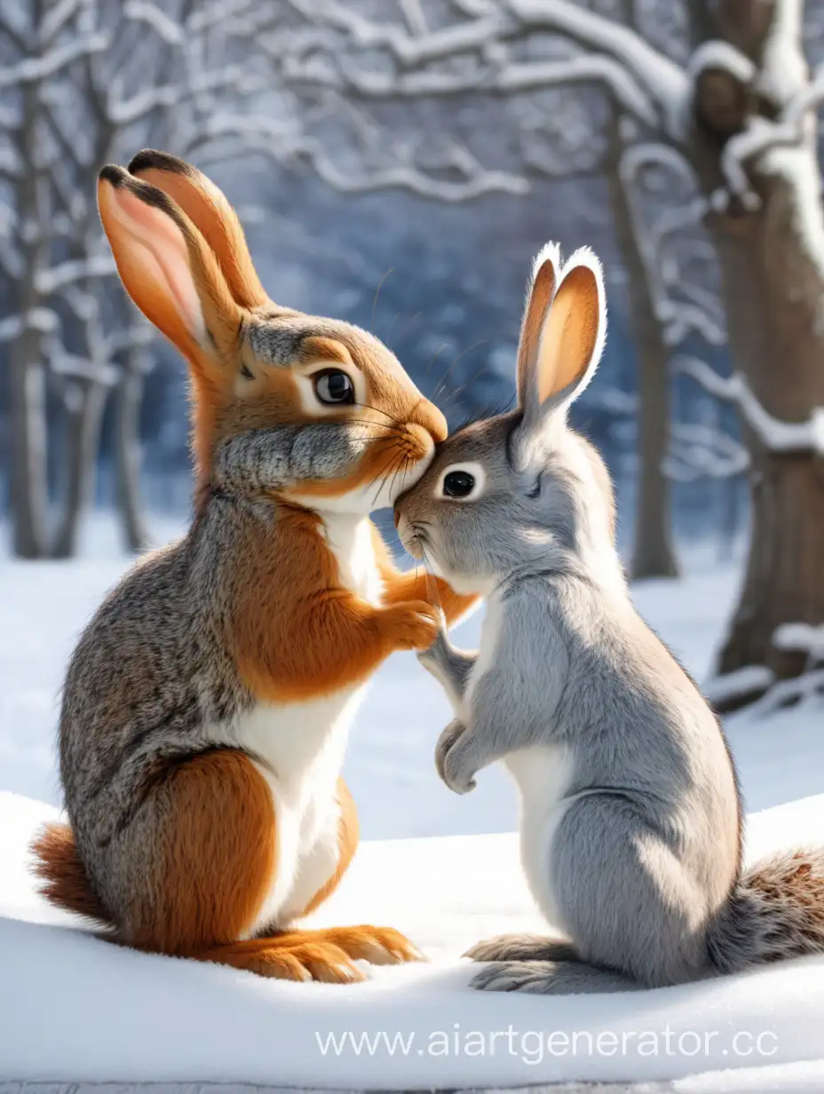 Adorable-Winter-Bunny-Kissing-a-Squirrel-in-Heartwarming-Scene