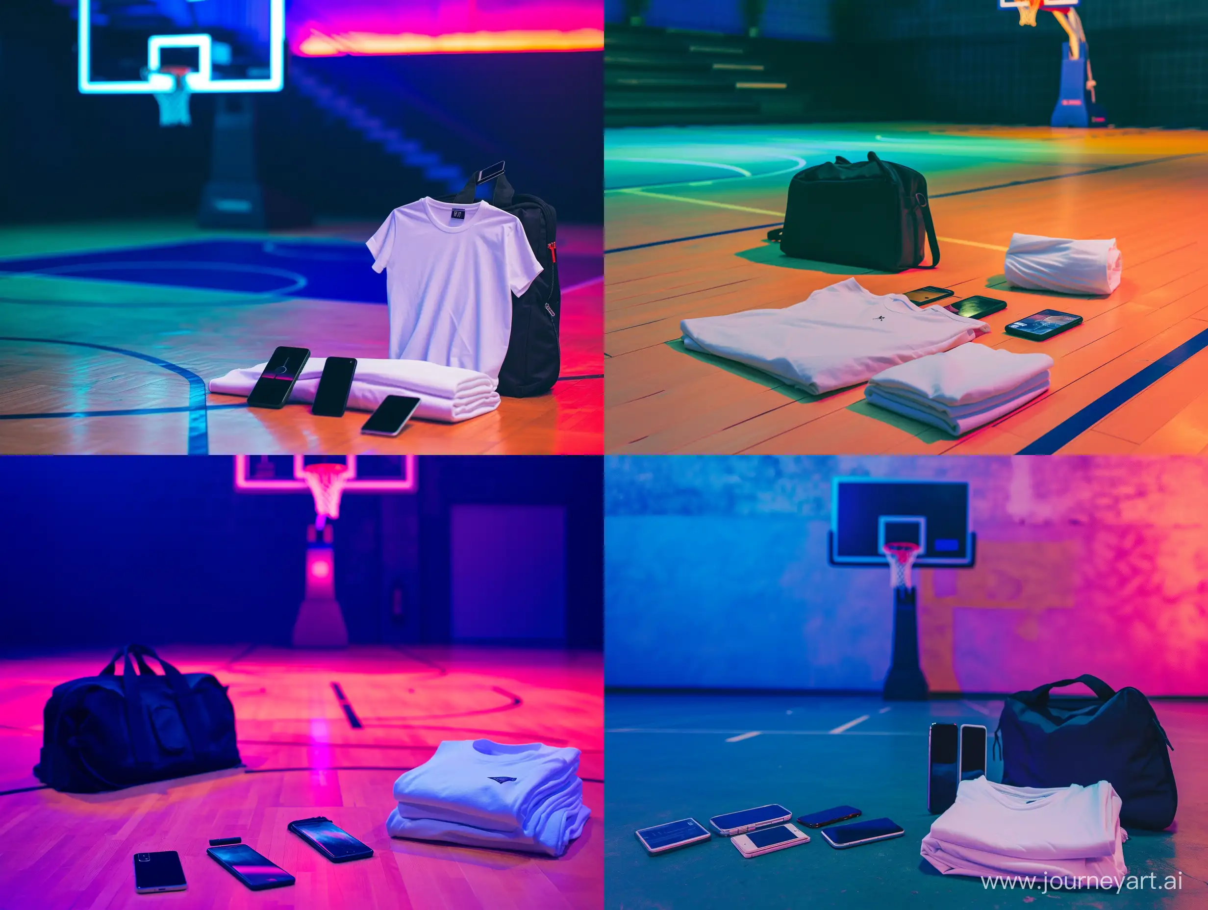 NeonColored-Basketball-Court-Scene-with-Folded-TShirt-and-Mobile-Phones