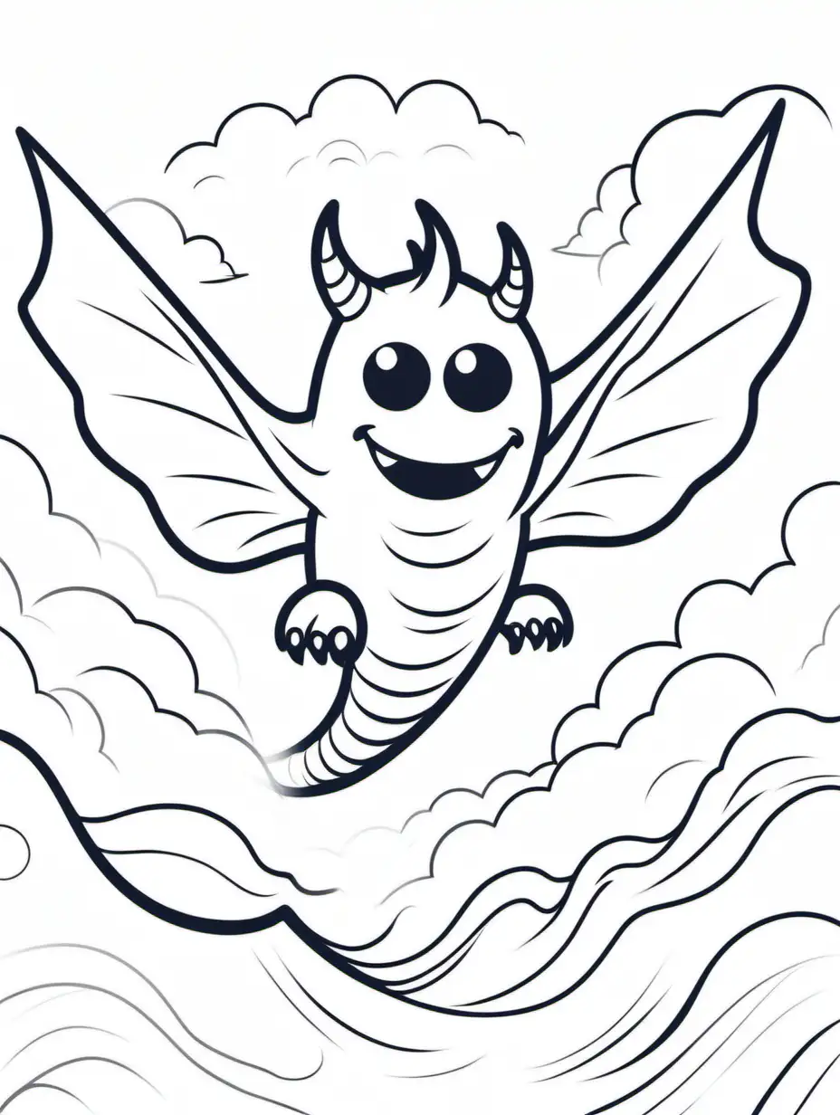 can you create a cute flying monster for a kids themed coloring book page, no colors, no black infill, no grey infill, thin lines, high dof, 8k, ar 85:110, Simple line art, One line, line art, Clean and minimalistic lines, Simple detail Minimalism Line drawing, fun child friendly background, low detail
