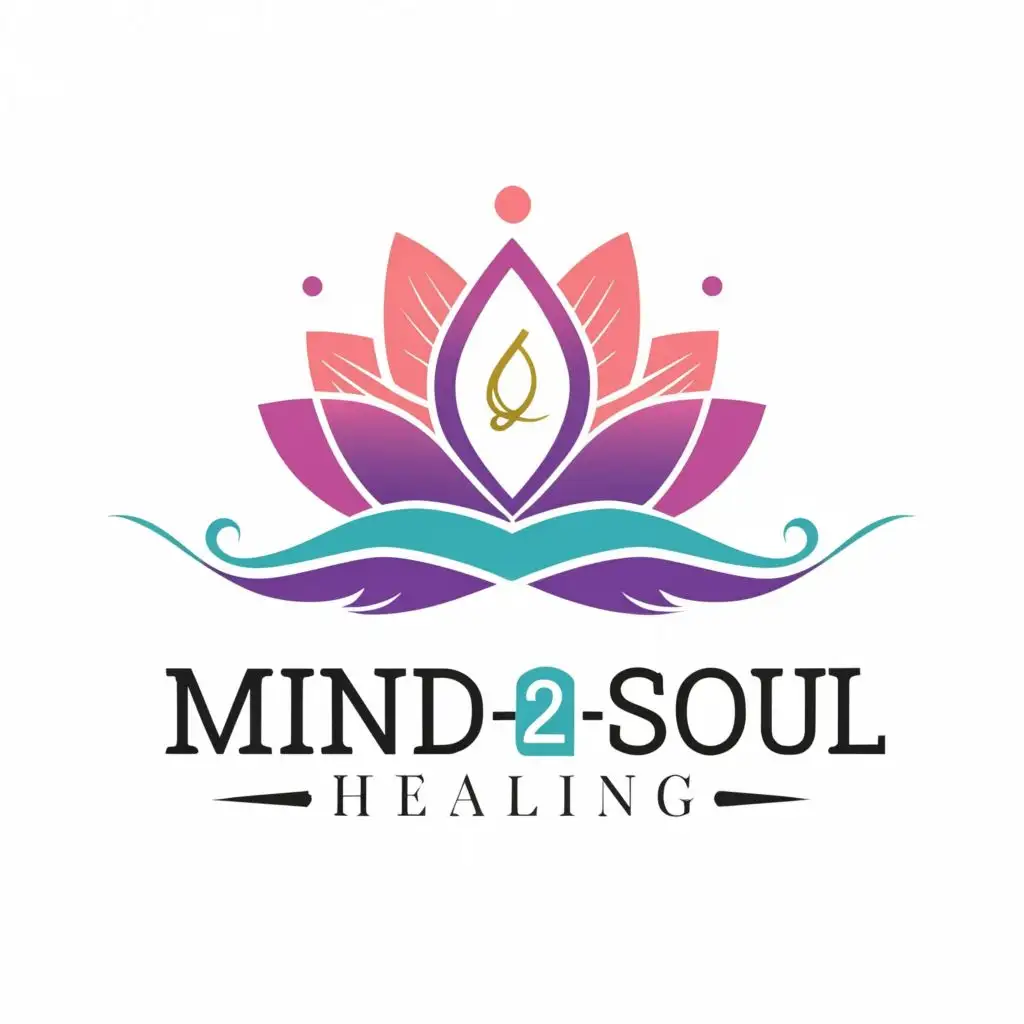 logo, Lotus coming out of waves with a DNA on white pinkis background, with the text "Mind2Soul Healing", typography, be used in Beauty Spa industry
