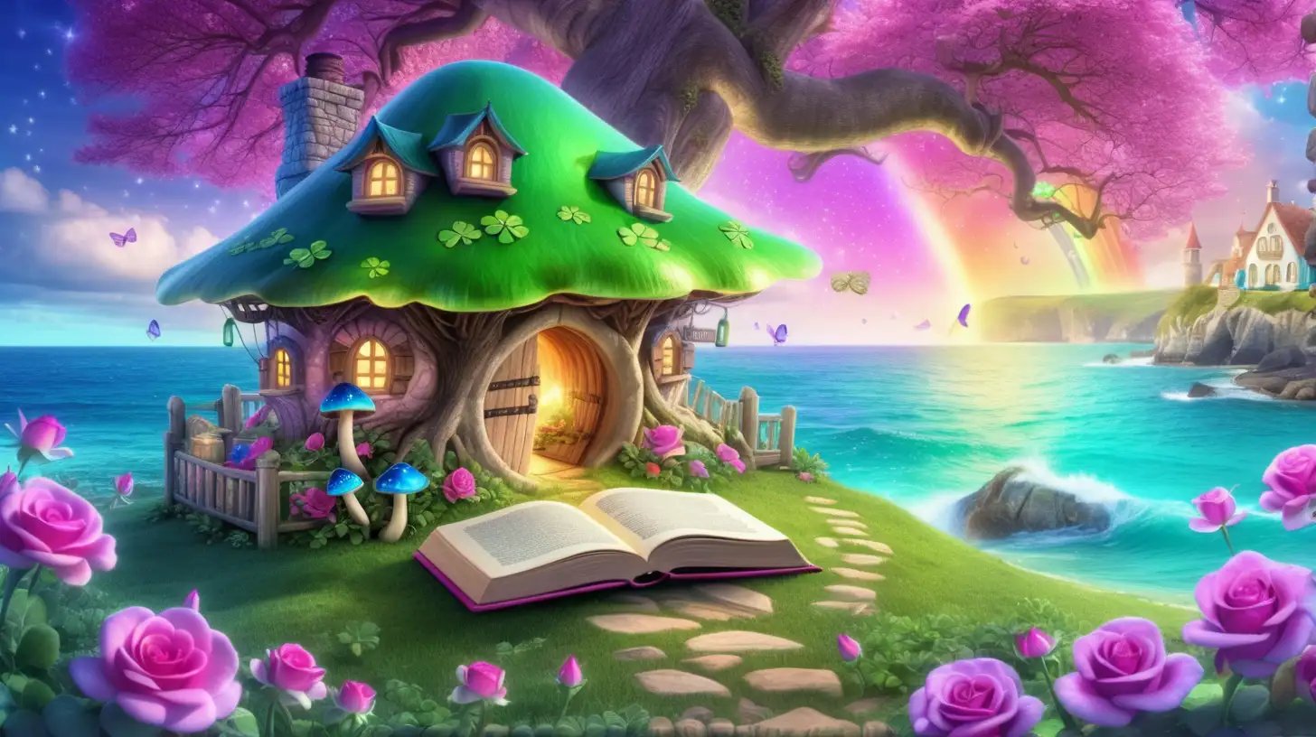 magical books and shamrocks with magical -glowing-purple-green-mushrooms. Fairytale-magical trees in front of bright-blue-ocean shore and Bright -fairytale cottage with cauldron of pink roses and rainbow in sky