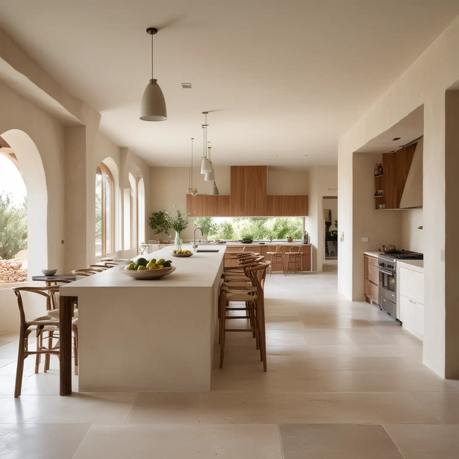 a large minimalist organic Mediterranean inspired  home open kitchen; walnut wood, limestone floors, flax linen, limewash walls; 