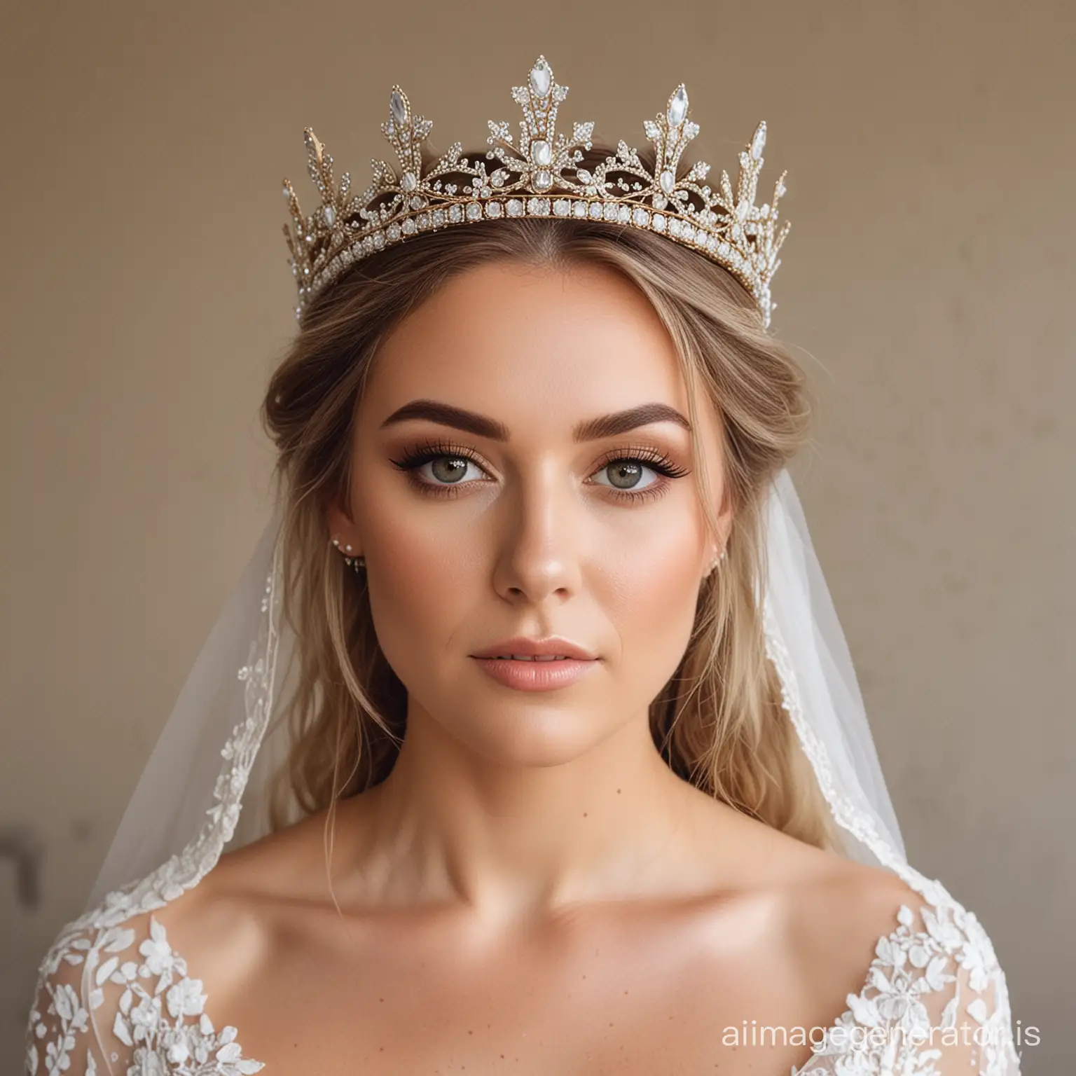 A bride wearing light makeup and wearing a crown