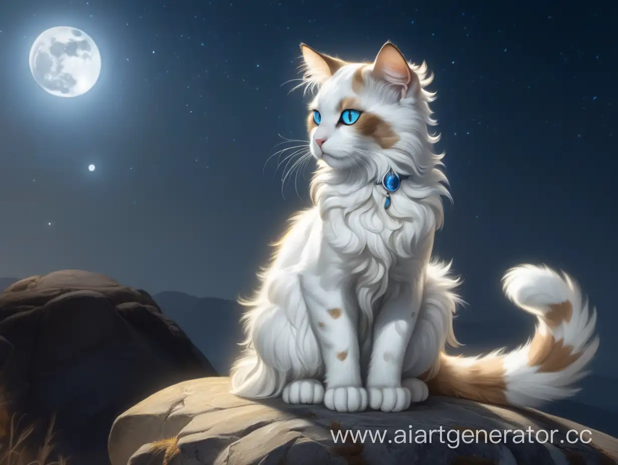 белая кошка с множеством коричневых и бежевых пятен по всему телу и большому пушистому хвосту, коричневыми ушами, одним голубым и другим серым глазом с шрамом, сидит на скале и смотрит на светящуюся луну и дух светящейся трёхцветной кошки рядом