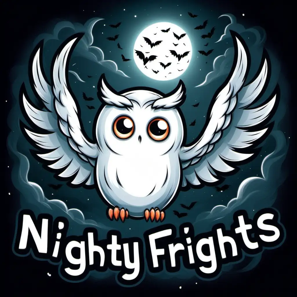 Draw a Ghost owl cartoon with the words Nightly frights, no extra flights! 