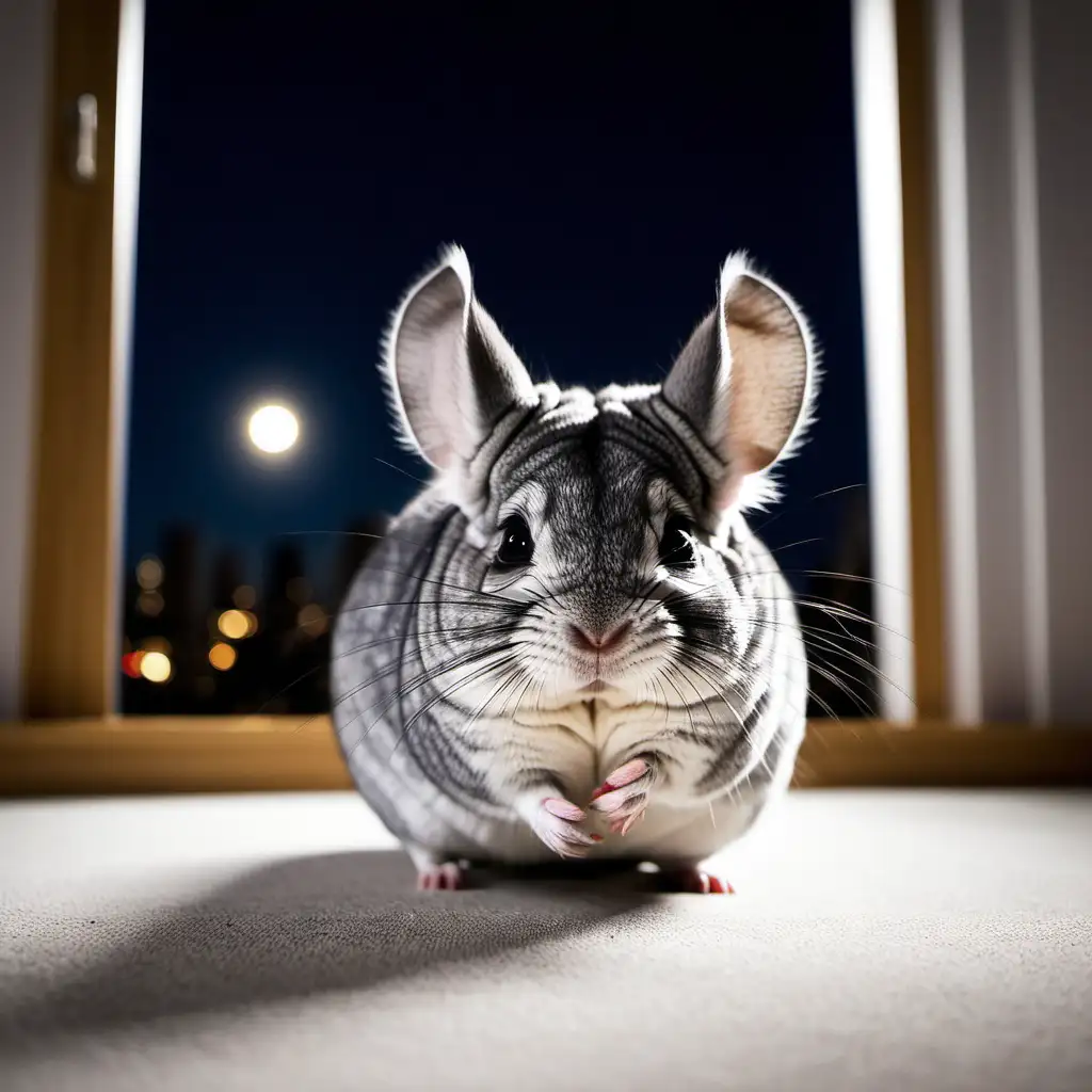Adorable Nocturnal Chinchilla in Cozy Nighttime Apartment