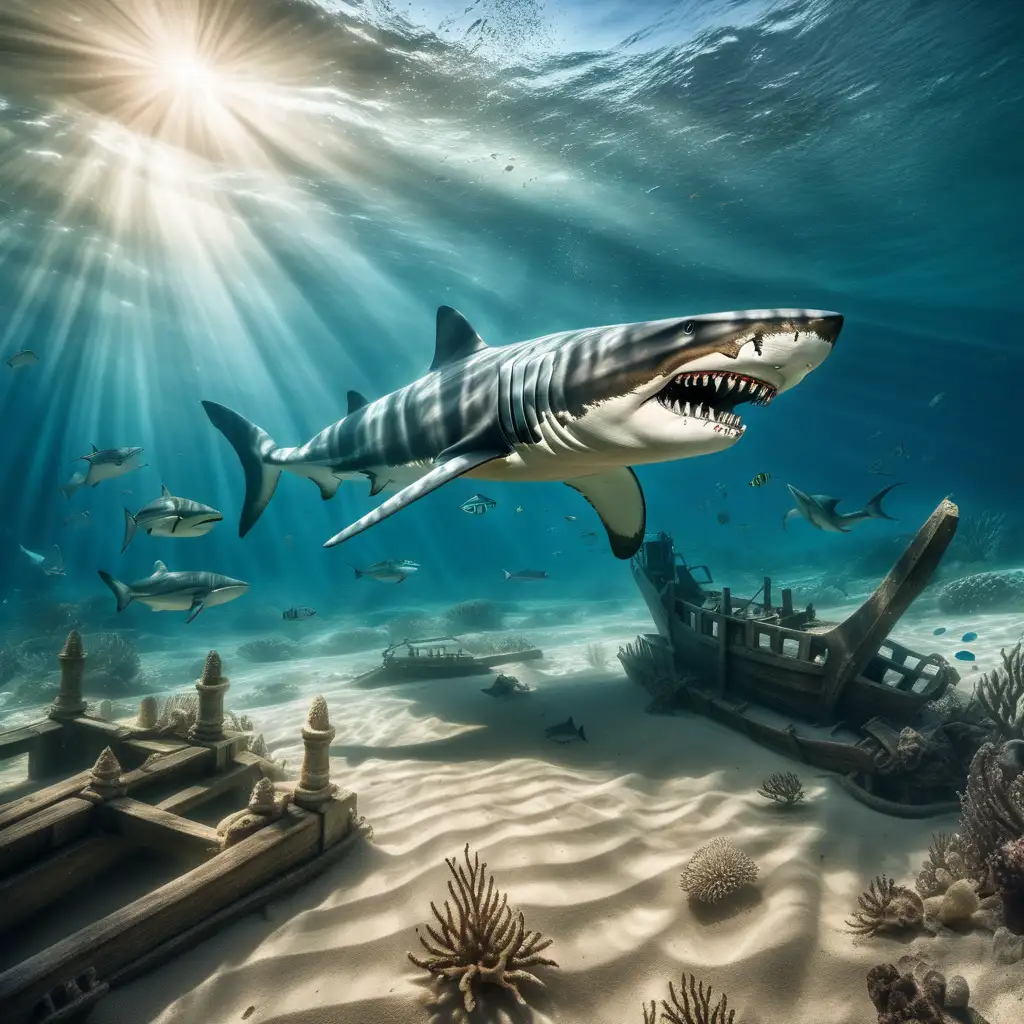 dramatic underwater scene with sand, Shipwrecks, and sun rays with a megalodon