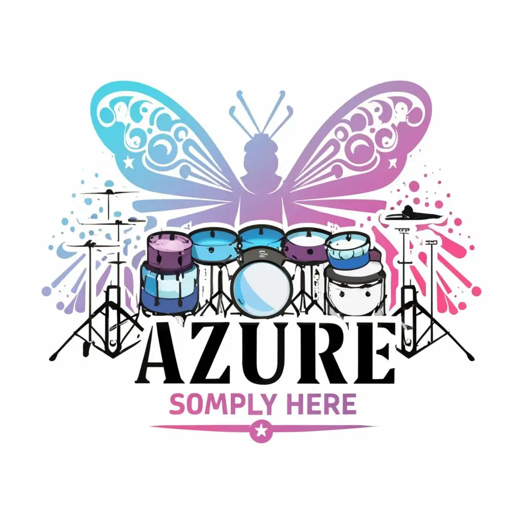 logo, drumset butterfly mic with the text "Azure", typography, must in purple color and