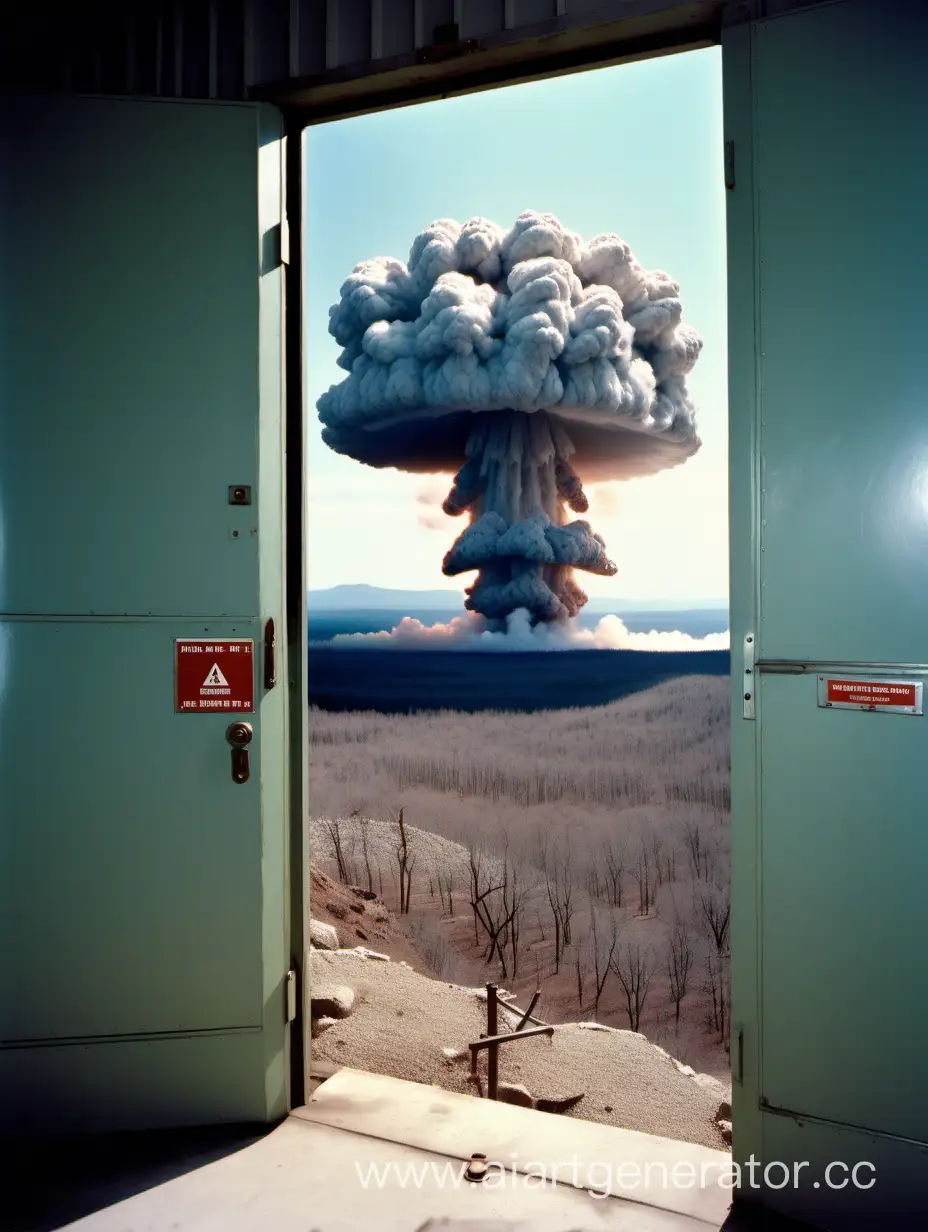 standing next to blast door to bunker, on top of mountain, looking out towaeds  nuclear mushroom cloud  in  distance, color photo
