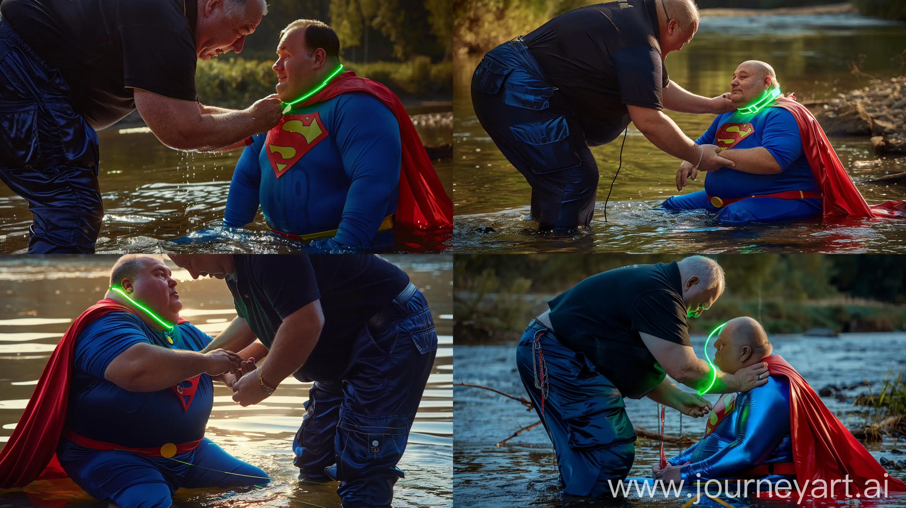 Close-up photo of a fat man aged 60 wearing a silk navy blue tight cargo pants and a tucked in silk black polo shirt. He is bending and putting a tight green glowing neon dog collar on the neck of a fat man aged 60 wearing a tight blue 1978 superman costume with a red cape sitting in the water. Natural Light. River --style raw --ar 16:9