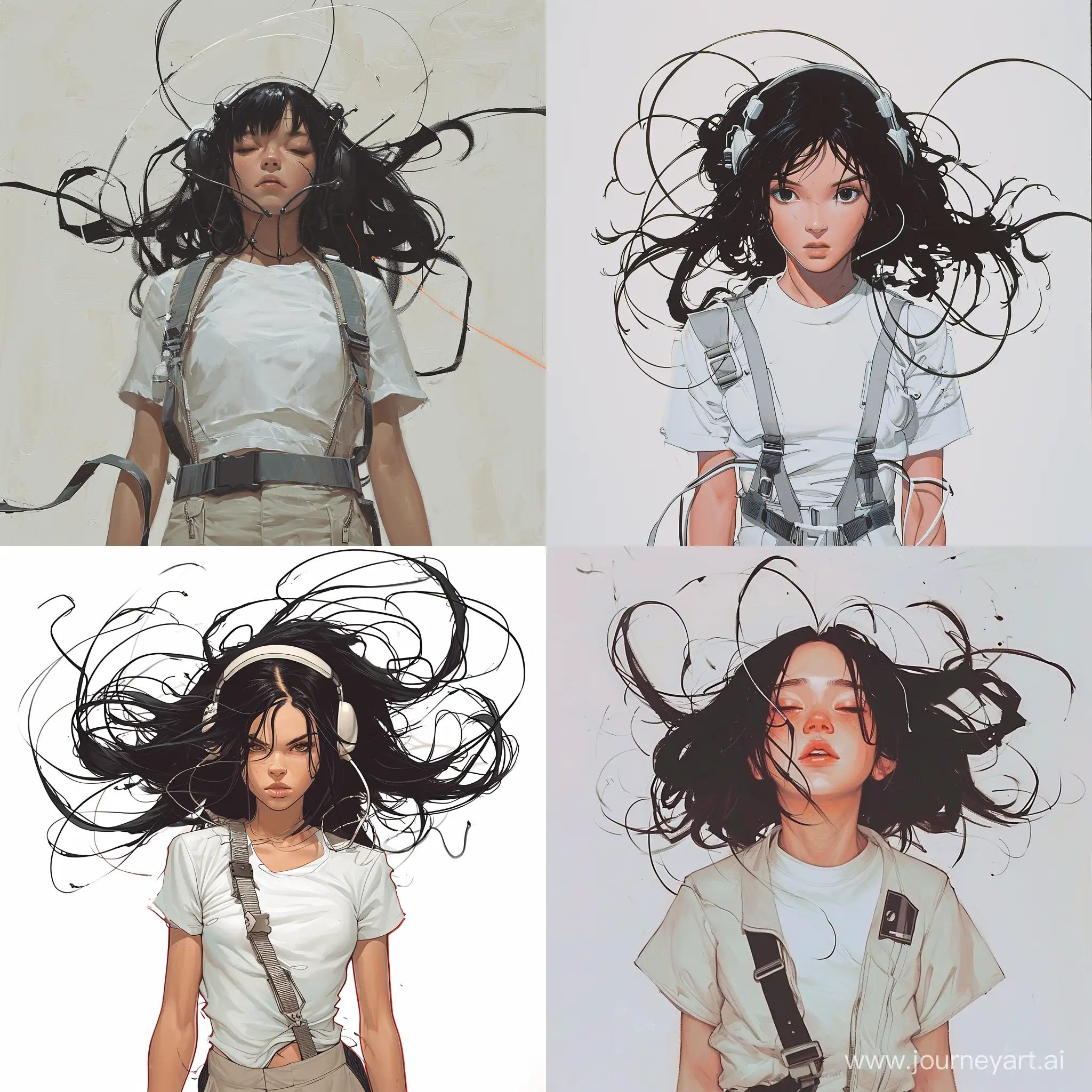 70s dark fantasy art, illustration of the young nice looking woman with black hair. A few strands of hair are released, the rest are collected at the back of the head. She is wearing white T-shirt and pilot suit, which upper part is tied over her thin waist. - ar 9:16
