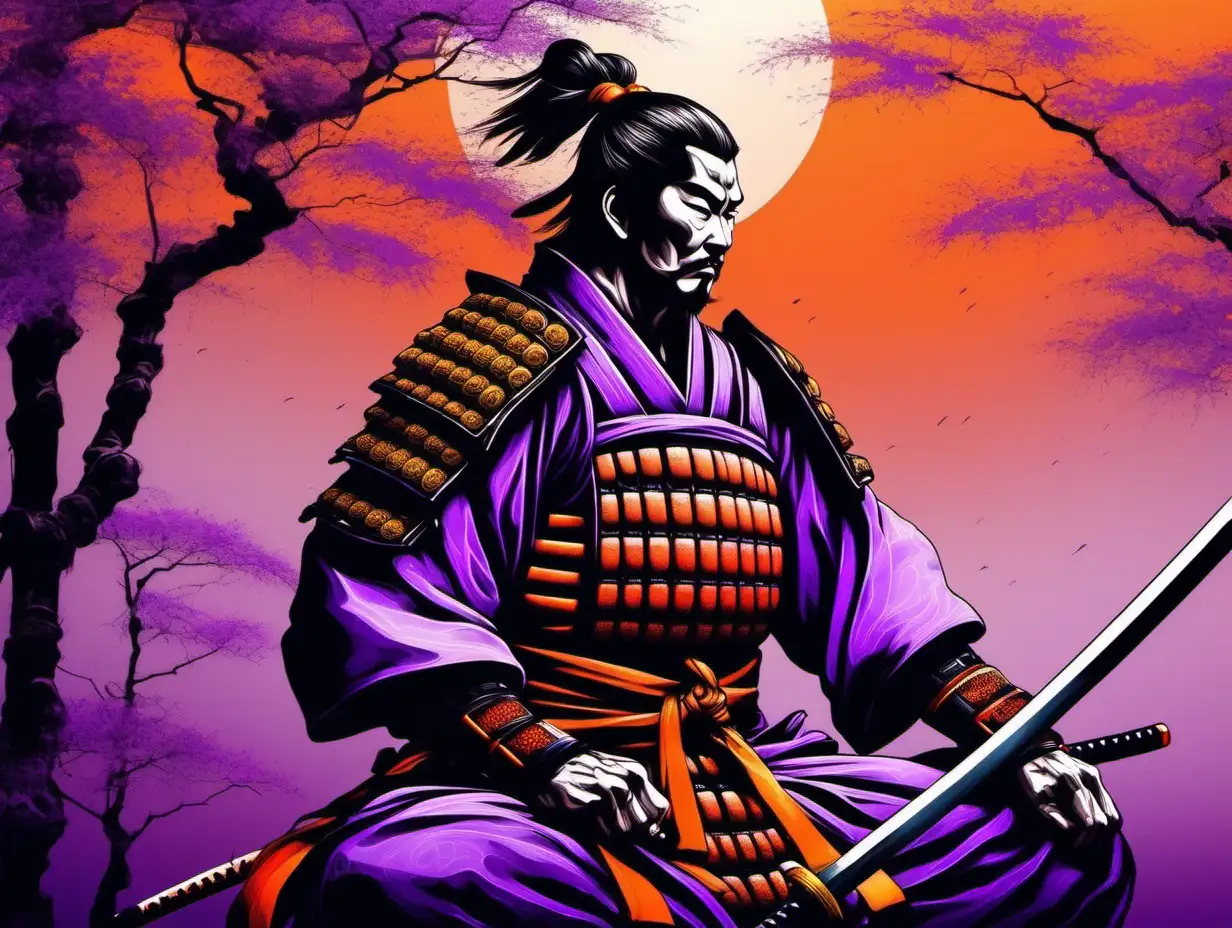 Serene Samurai Warrior Art in Purple Orange and Black