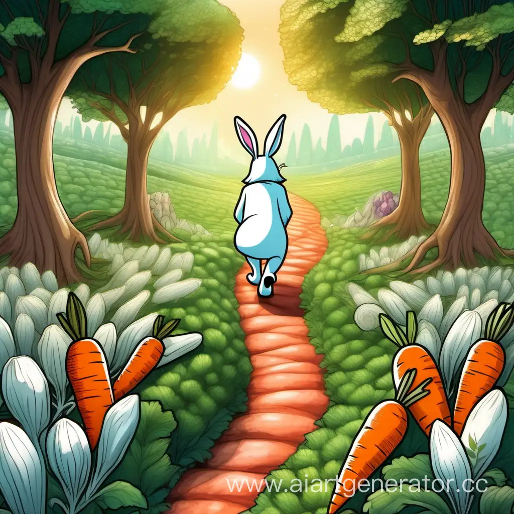 Белый заяц  вид со спины на тропинке в волшебной стране где растут самые вкусные морковки  перед ним стоит лиса 