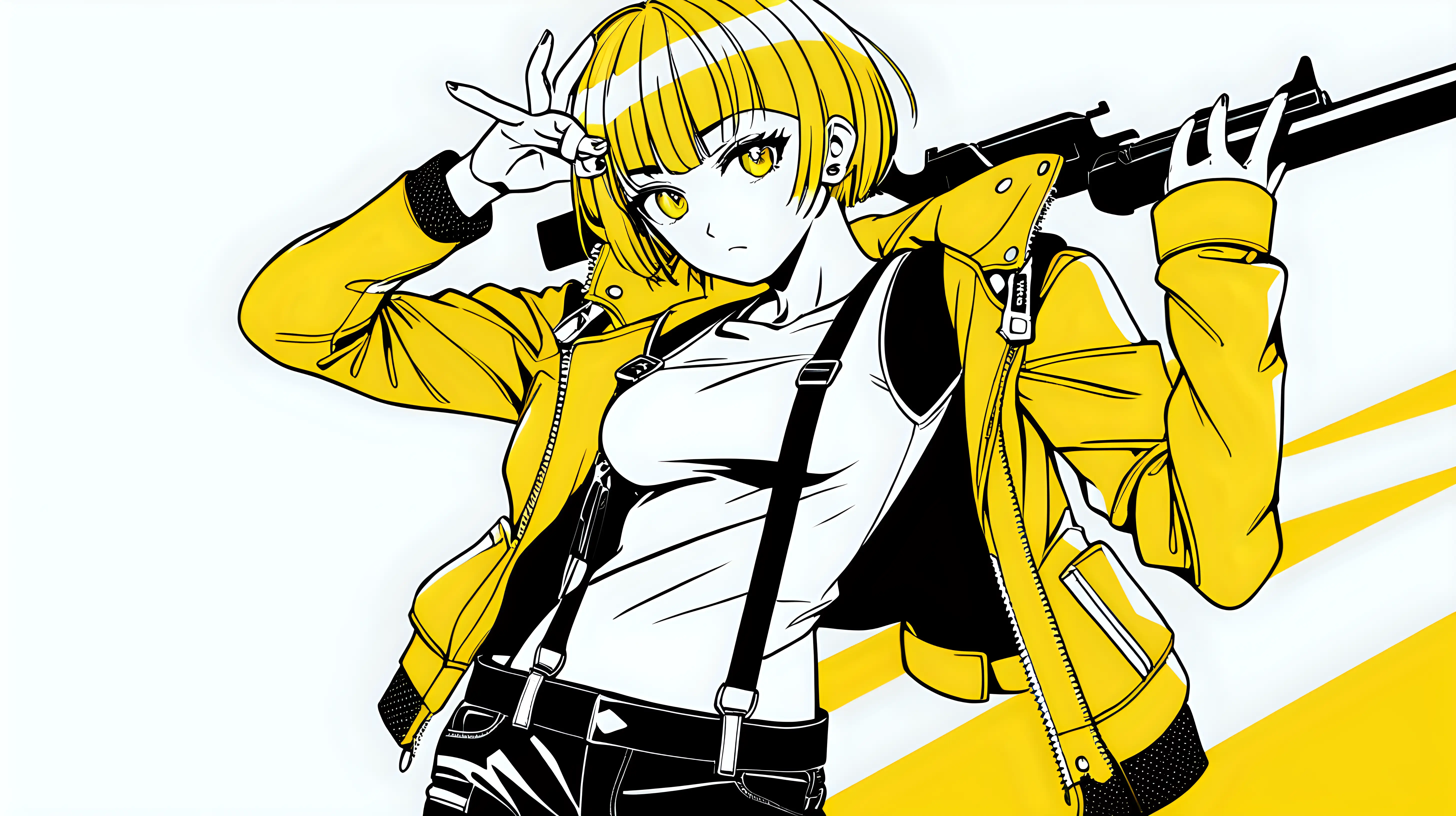 Anime Woman Hero in Yellow Jacket Holding Handgun