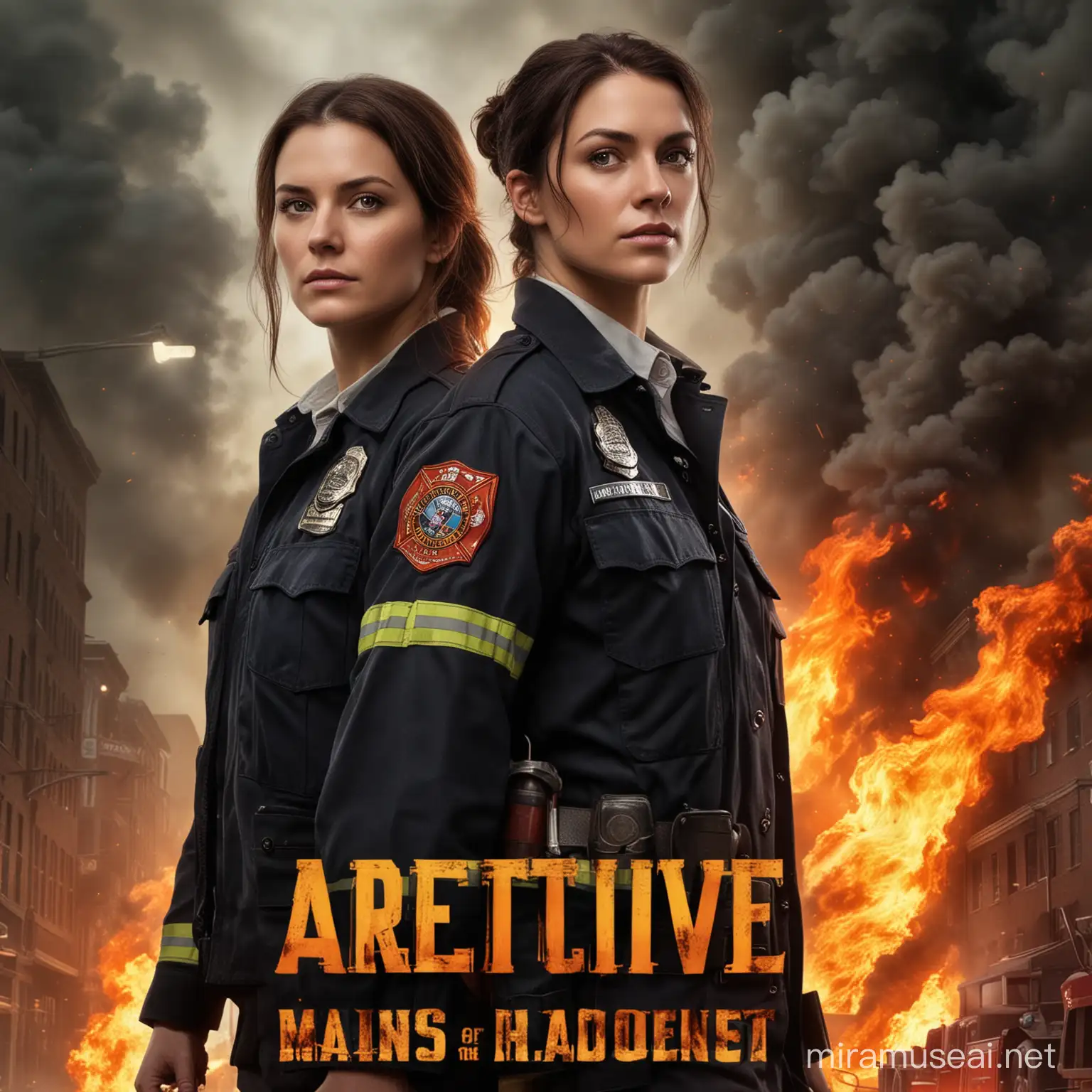 Book cover for a lesbian thriller.

Two FEMALE main characters:
Detective
Captain of the Fire Department

Synopsis of the story: Someone in the fire department is an arsonist, and the lead detective and fire captain of the fire department must work together to figure out who it is.
