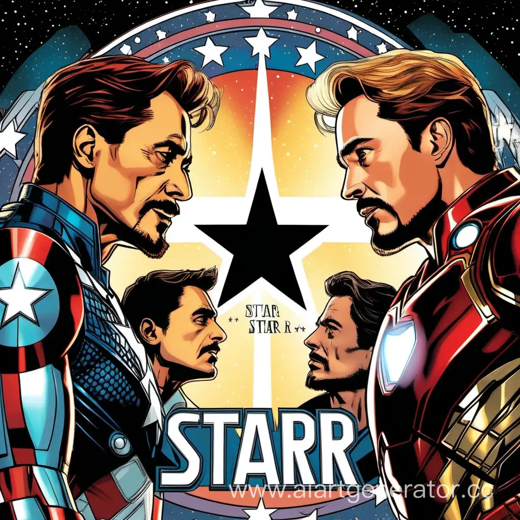 A star in the center, the inscription Team "STAR", in the background Tony Stark and Steve Rogers looking into each other's eyes face to face, Marvel