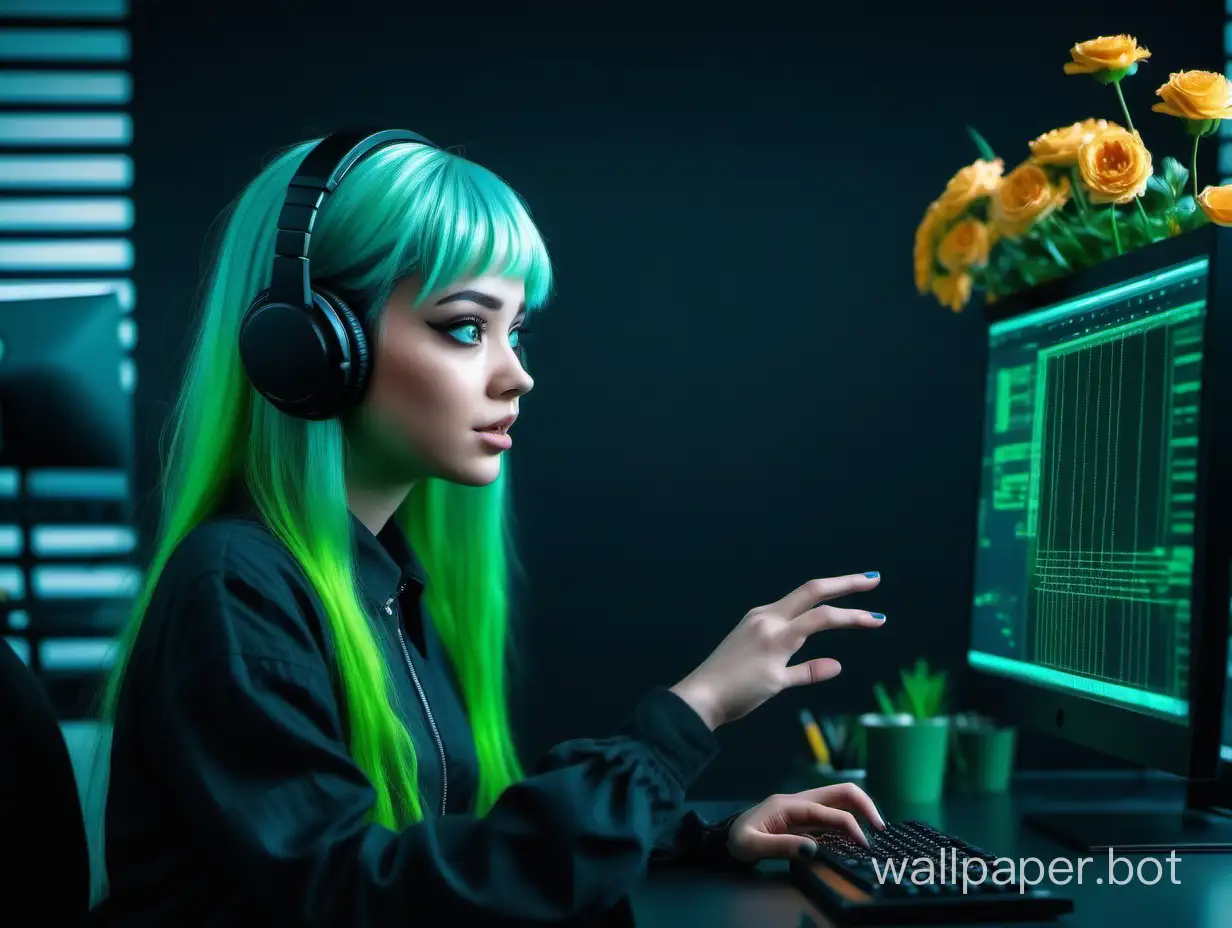 Programmer cute girl with green hair, teaches AI to recognize voice, record sound, looks at the monitor, surroundings dark office, flowers, color black, green, blue