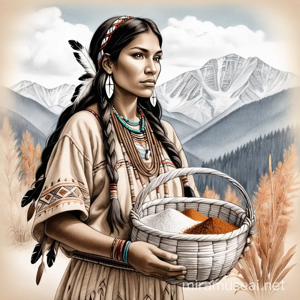 Graceful Native American Woman with Basket of Spices Against Mountain Backdrop