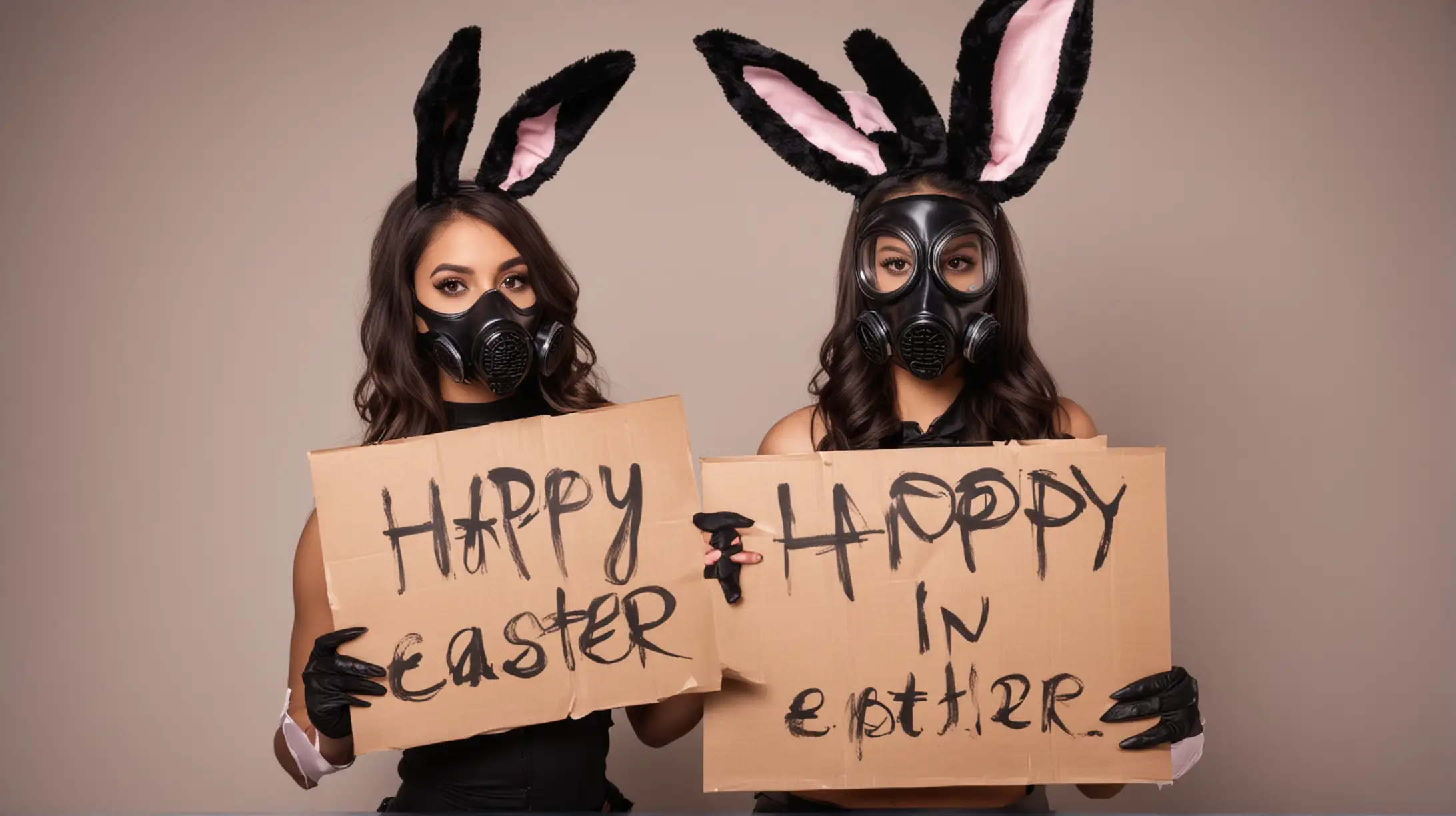 2 Sexy latina girl with black gas mask and bunny ears and bunny suit, holding a sign. happy easter