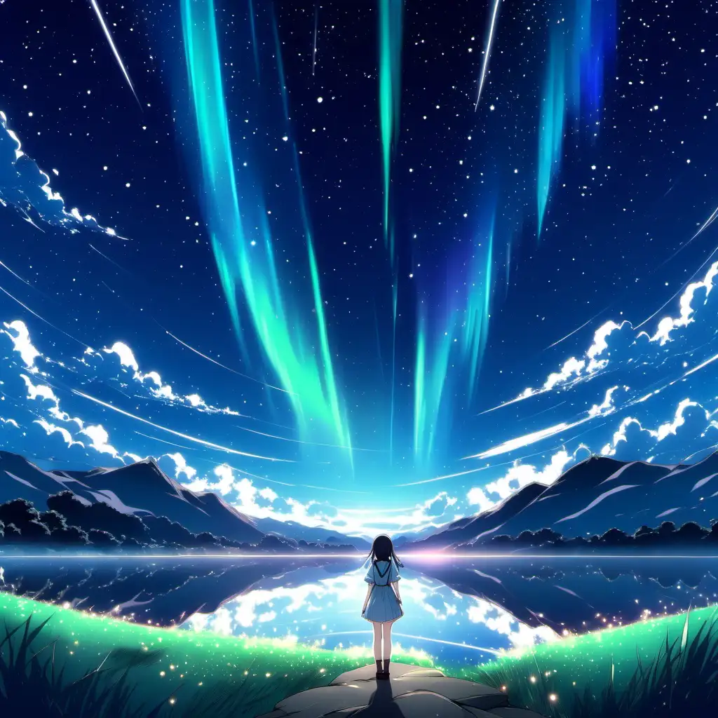 Tranquil Anime Night Sky with Dreamy Girl and Aurora Stars