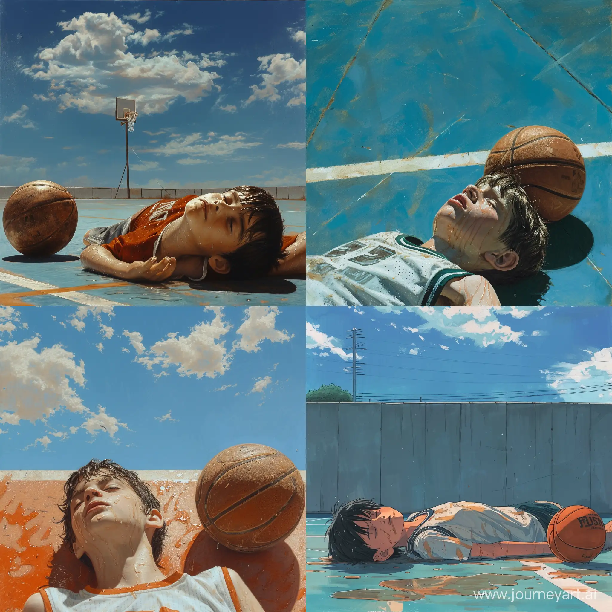 蔚蓝天空下，一个小男孩躺在篮球场上，俯视视角，满头大汗，旁边放着一个破旧的篮球