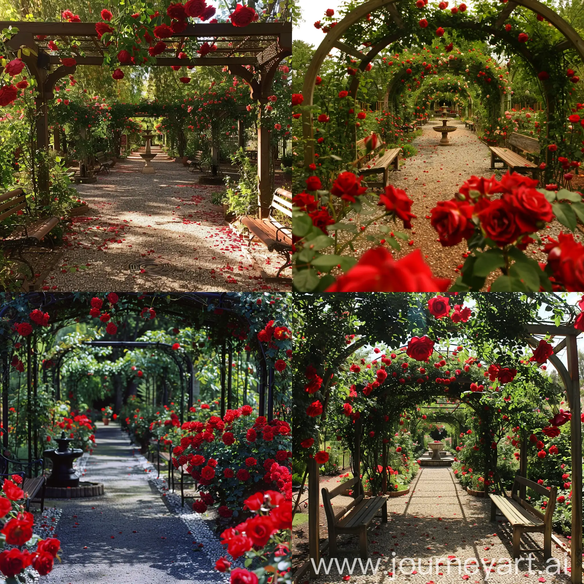 rose garden, lush, manicured, with arbors and arches and a path of tiny pebbles red roses,cozy nook withhfountain and benches