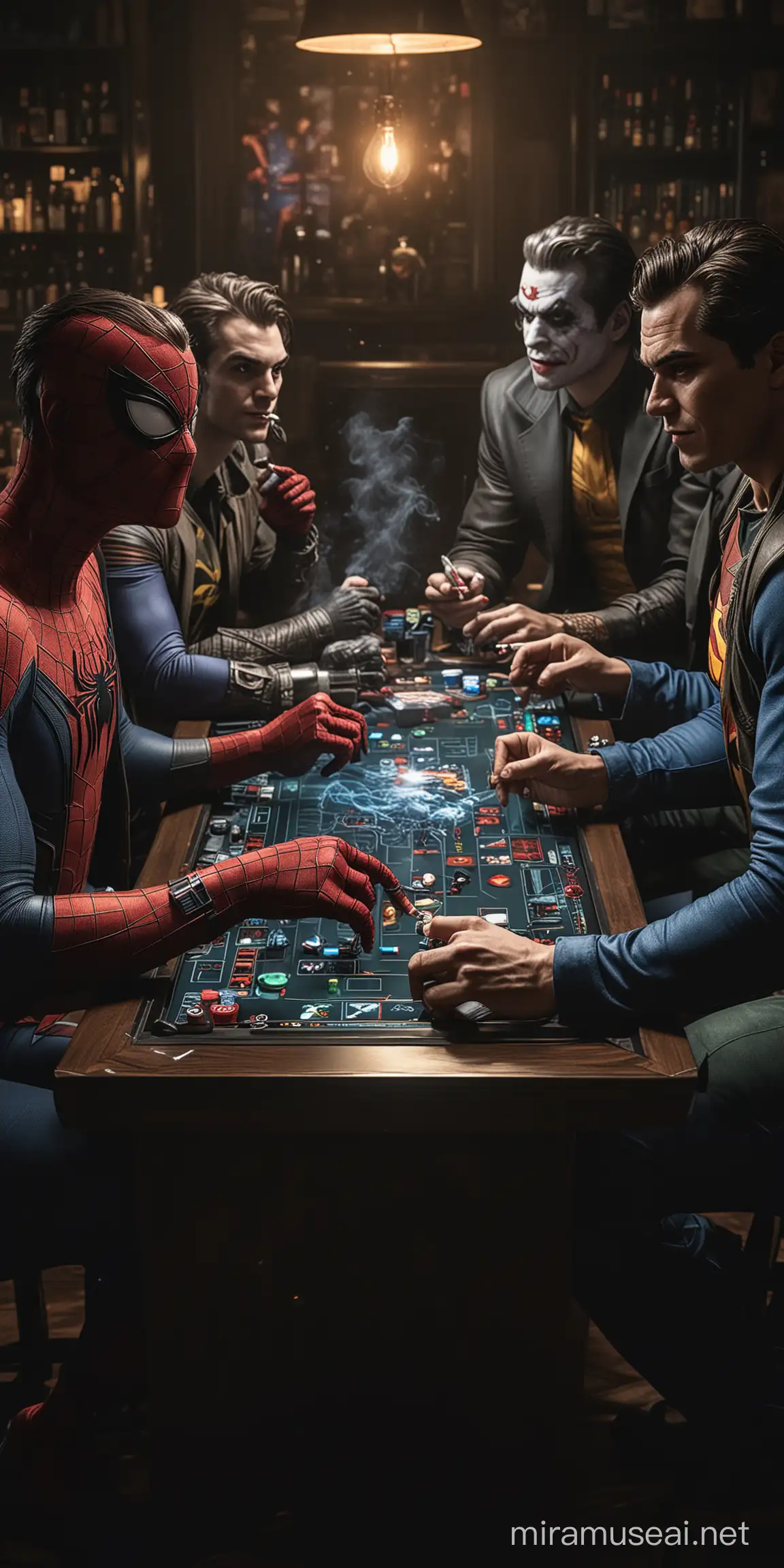 Spiderman, Badman, Superman und der Joker sitzen an einem Spieltisch zusammen und rauchen und spielen am digitalen elektrischen  „fun4four“ Touch-Spieltisch zusammen in einer dunklen Bar.