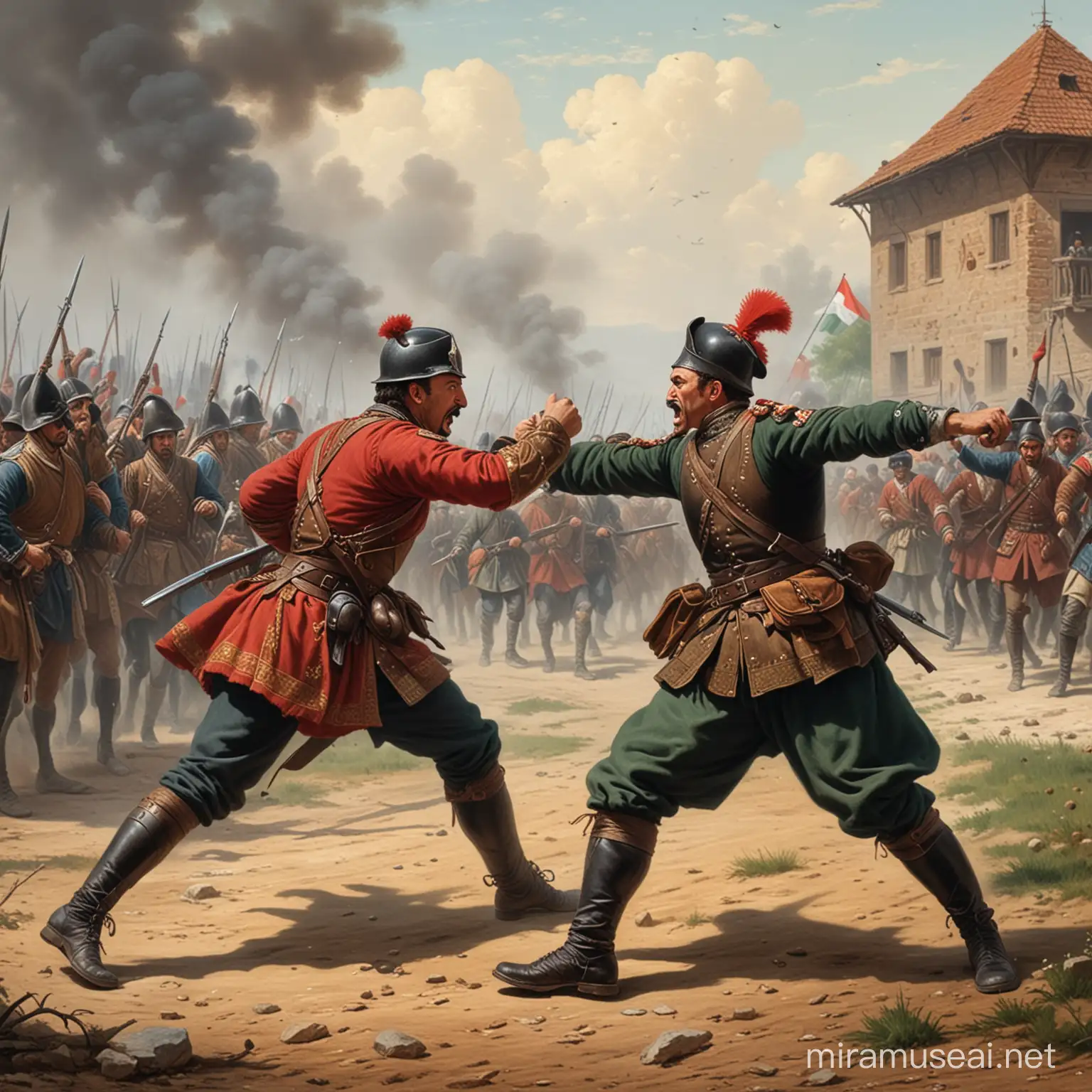 17th Century Hungarian Soldier Engages in Combat with Turkish Opponent